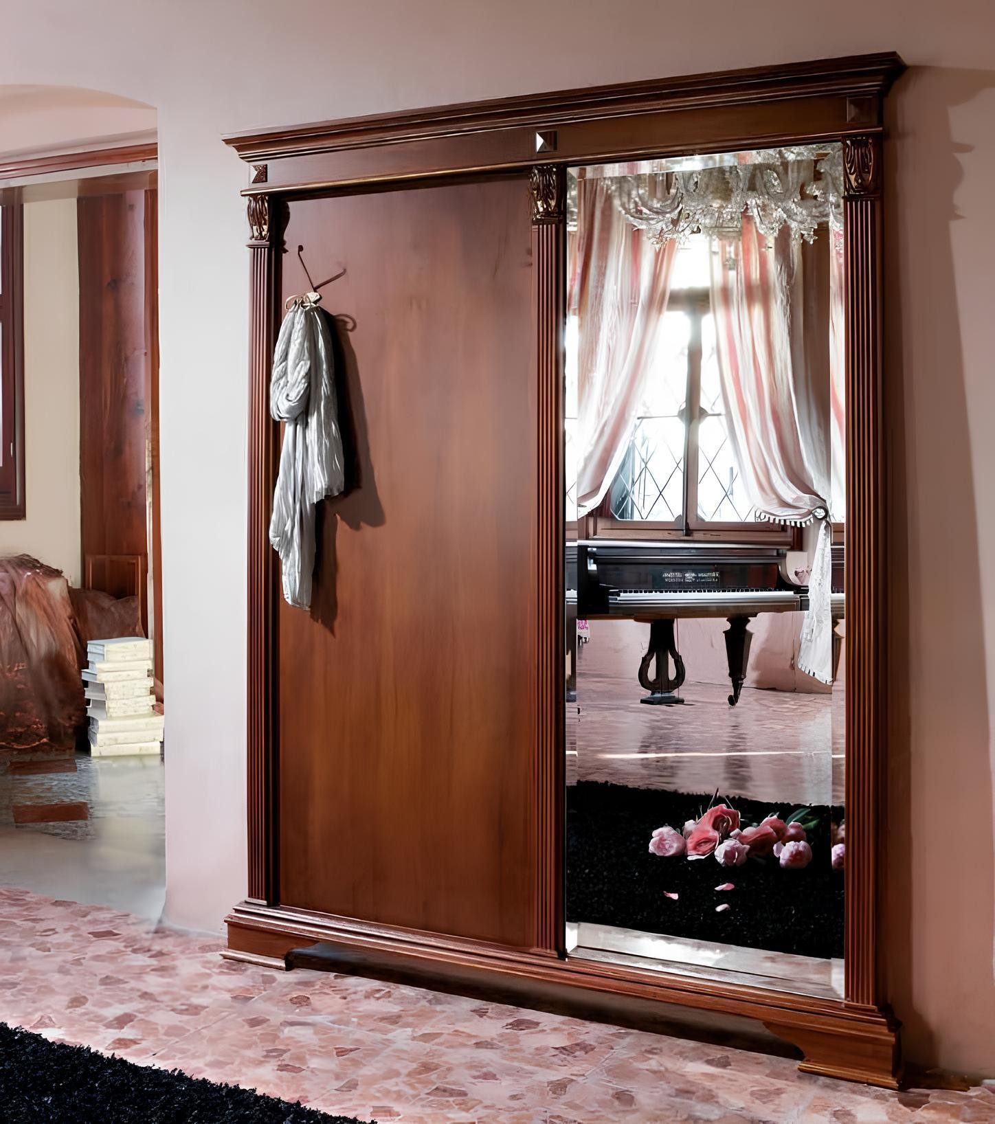 JVmoebel Garderobenpaneel Barock Garderobenpaneel mit Spiegel aus Holz in edler brauner Farbe (1 St), Made in Europa