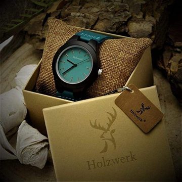 Holzwerk Quarzuhr FALKENSEE kleine Damen Leder & Holz Armband Uhr, türkis blau & schwarz