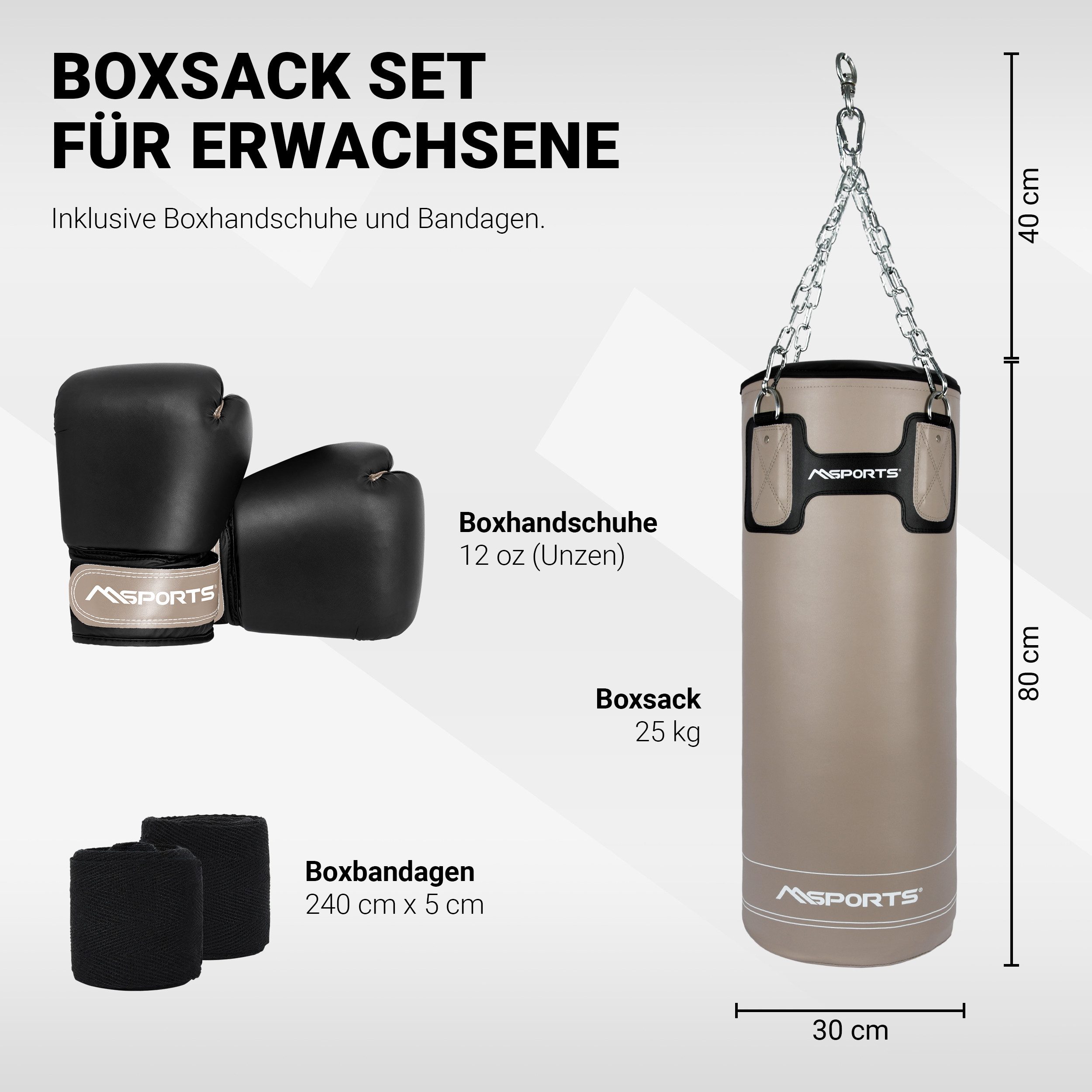 MSports® Boxsack Boxset Boxsack Set Professional 25 kg inkl. Boxhandschuh und Tasche