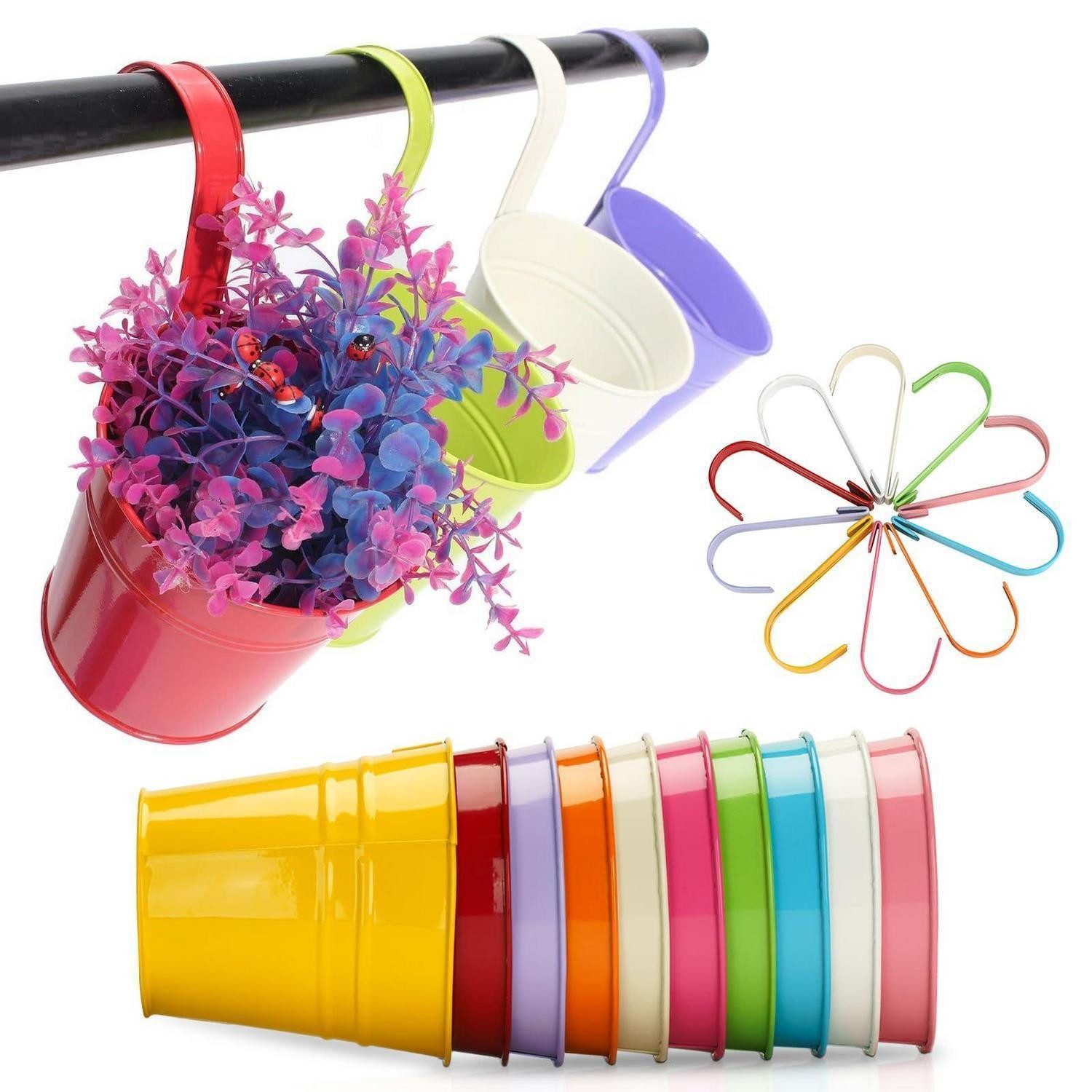 LuxusKollektion Blumentopf Hängetopf Metall abnehmbarer Haken Balkon Geländer 10er Set Bunt 16CM