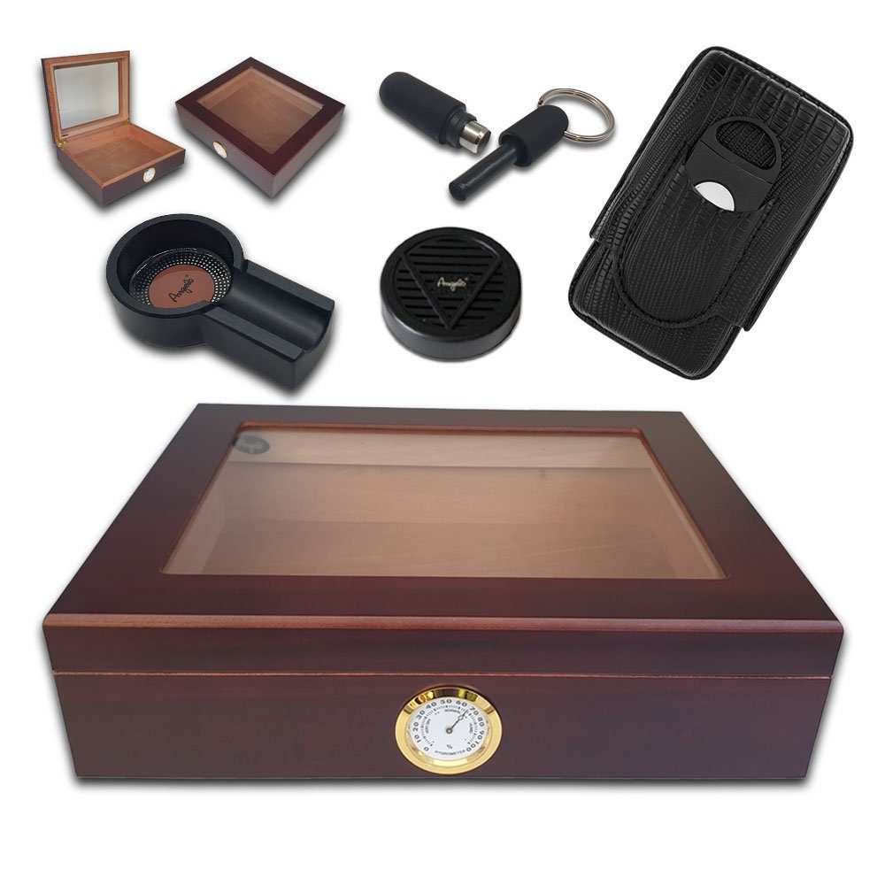 Coumo Humidor Set, Glasdeckel, Ascher Etui Schneider Befeuchter, für 20 Zigarren