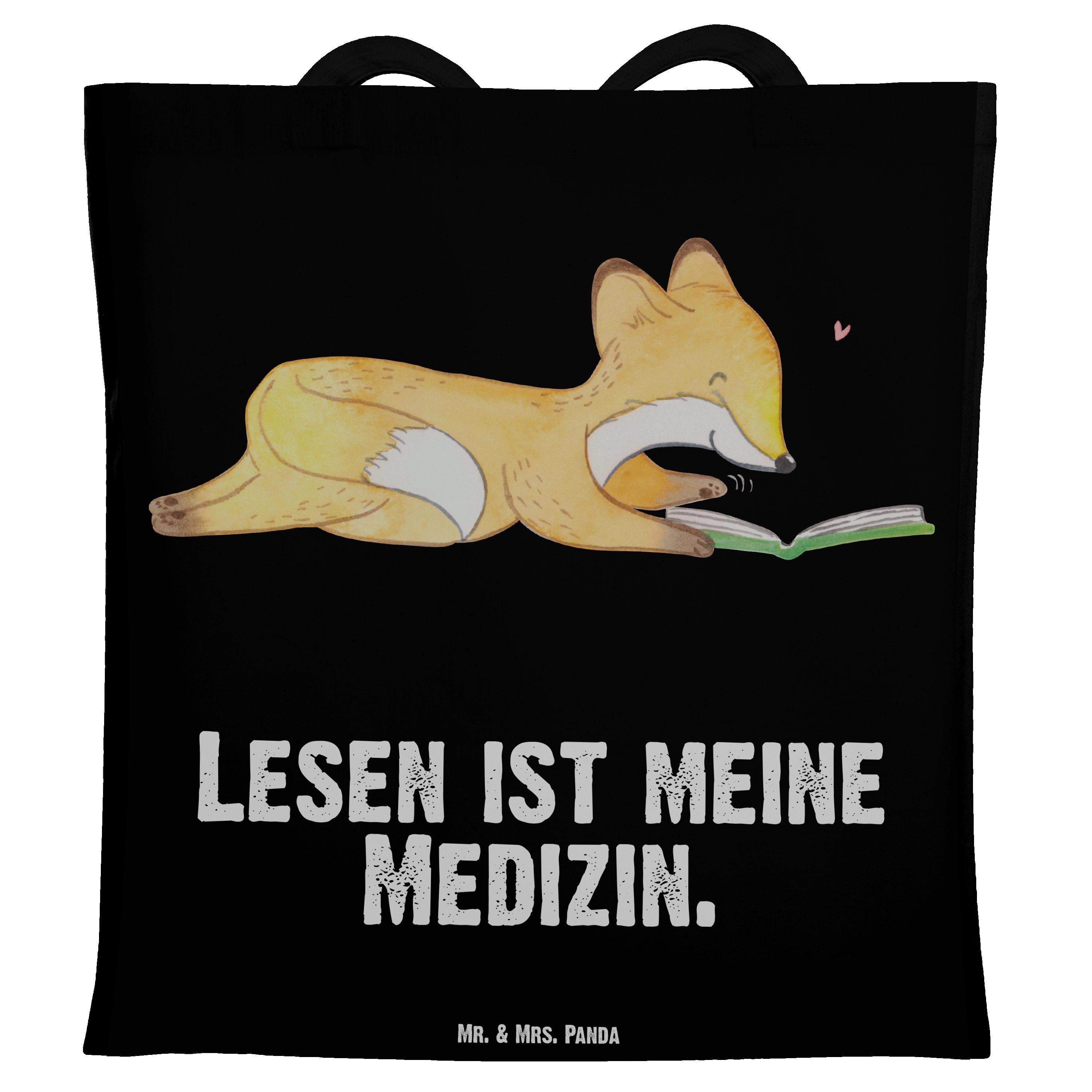 Mr. & Mrs. Panda Tragetasche Fuchs Lesen Medizin - Schwarz - Geschenk, Sportart, Danke, Jutebeutel (1-tlg)