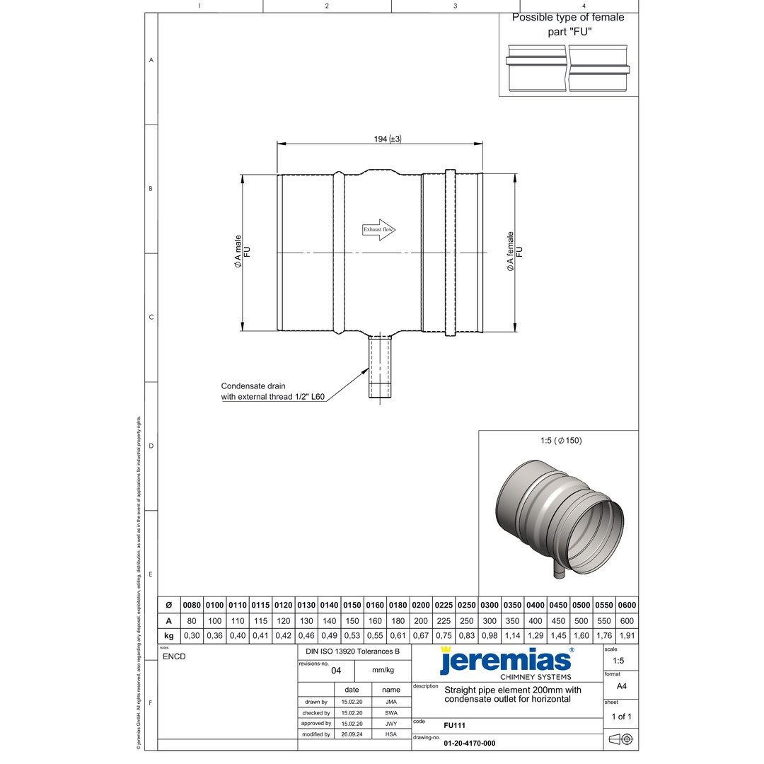 Jeremias Schornstein EW-FU Längenelement 200mm Kondensat-Fall. horiz. 1/2" Ø 100 mm, Ø 100 mm