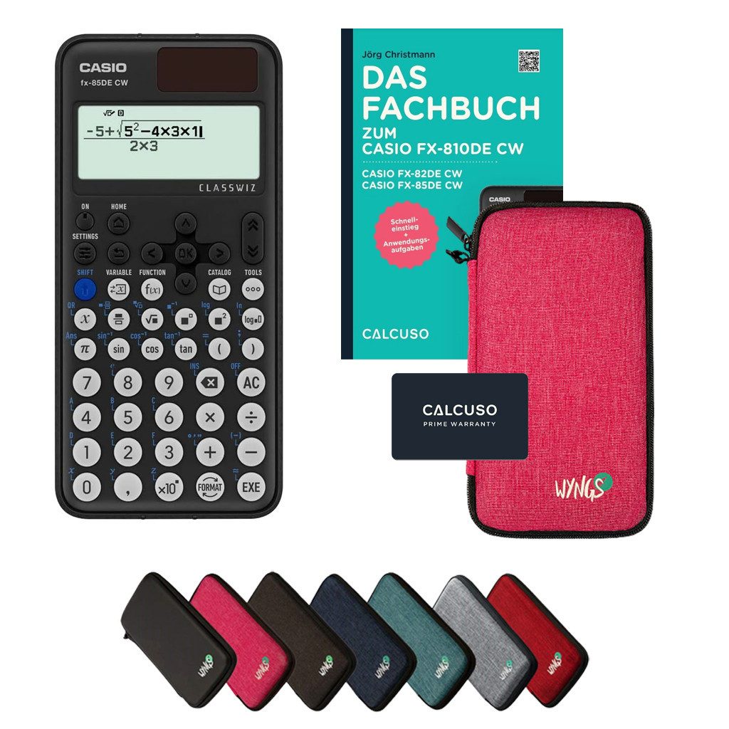 CASIO Taschenrechner fx-85DE CW inkl. Schutztasche Pink & Fachbuch (96 Seiten, DIN A5)