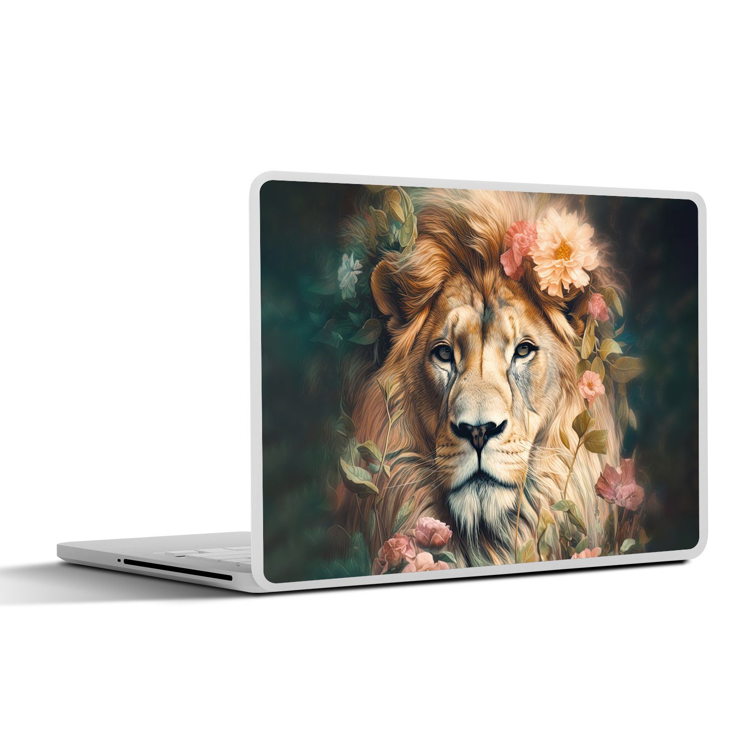 MuchoWow Laptop-Aufkleber Löwe - Löwenkopf - Wilde Tiere - Blumen, (1tlg), Laptop Folien Cover, Aufkleber, Sticker, Schutz vor Kratzern, 30x21 cm