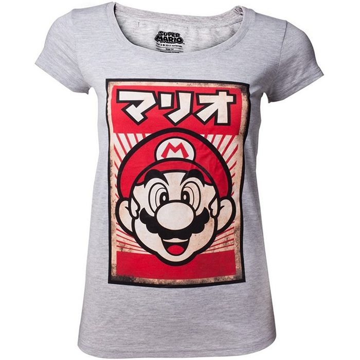 Super Mario T-Shirt SUPER MARIO Damen T-Shirt hellgrau Erwachsene + Mädchen Nintendo Gr. XS S M L XL