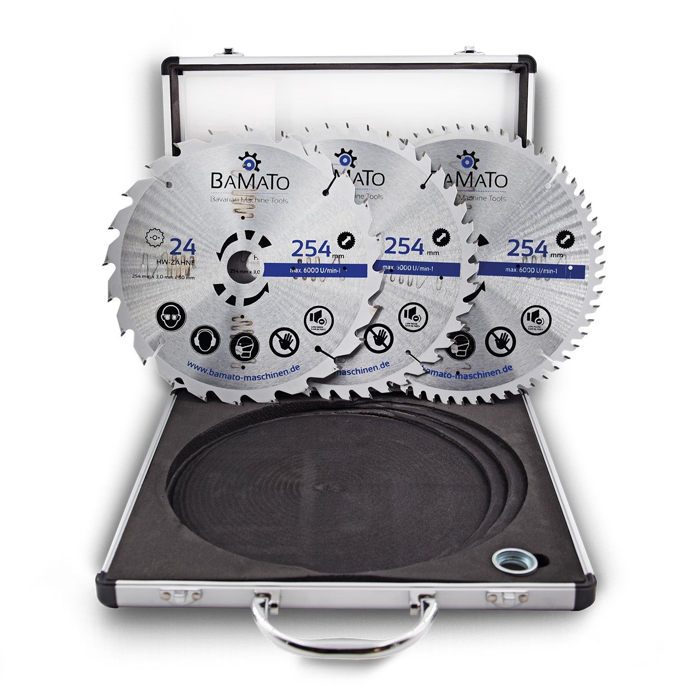 BAMATO Kreissägeblatt SBS254SET (3-St), HM-Sägeblattset 254mm mit 24, 42, 60 Zähnen, Sägeblatt, mit Alukoffer