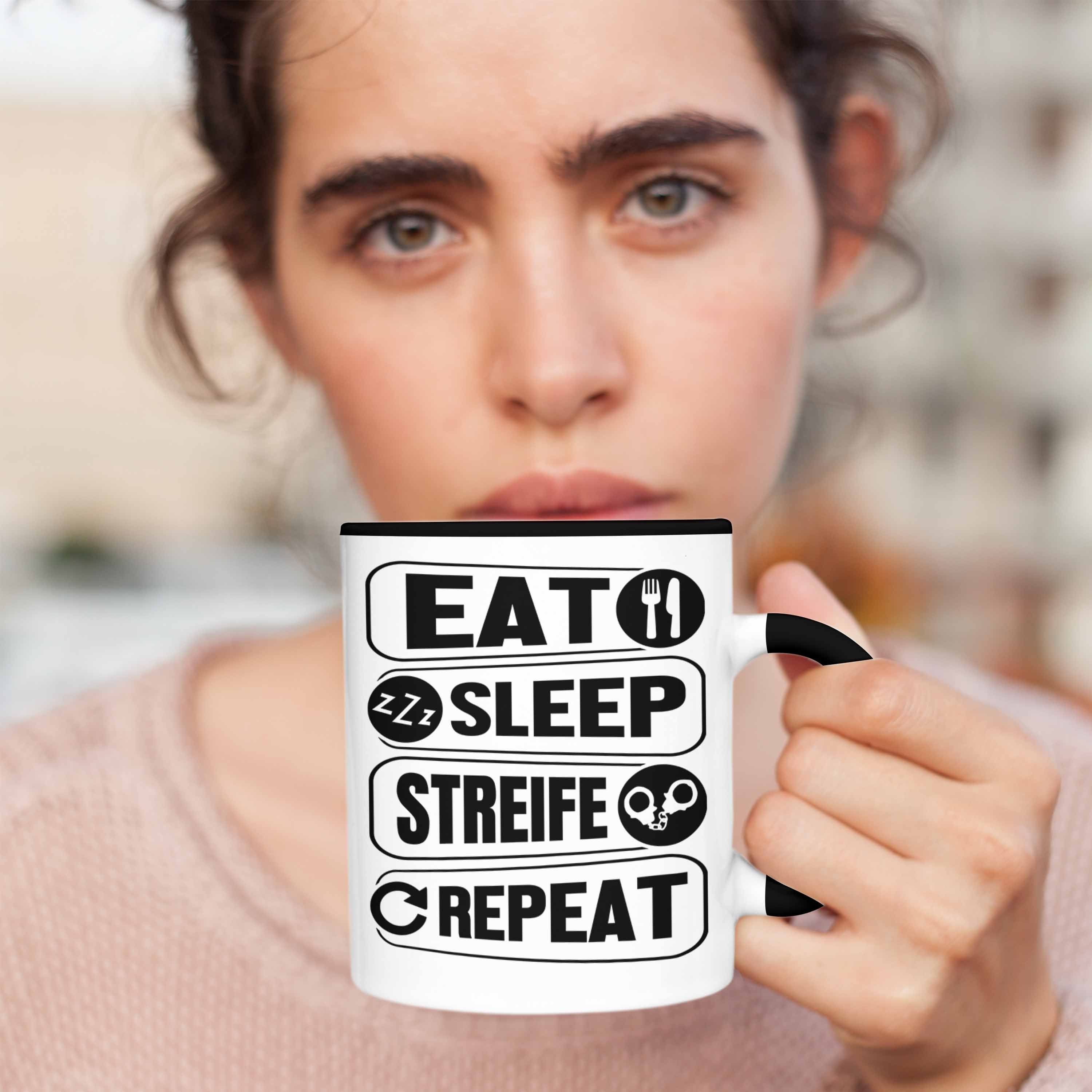 Geschenk Tasse Repeat Sleep Eat Streife Polizei Geschenkidee Polizist Trendation Tasse Schwarz