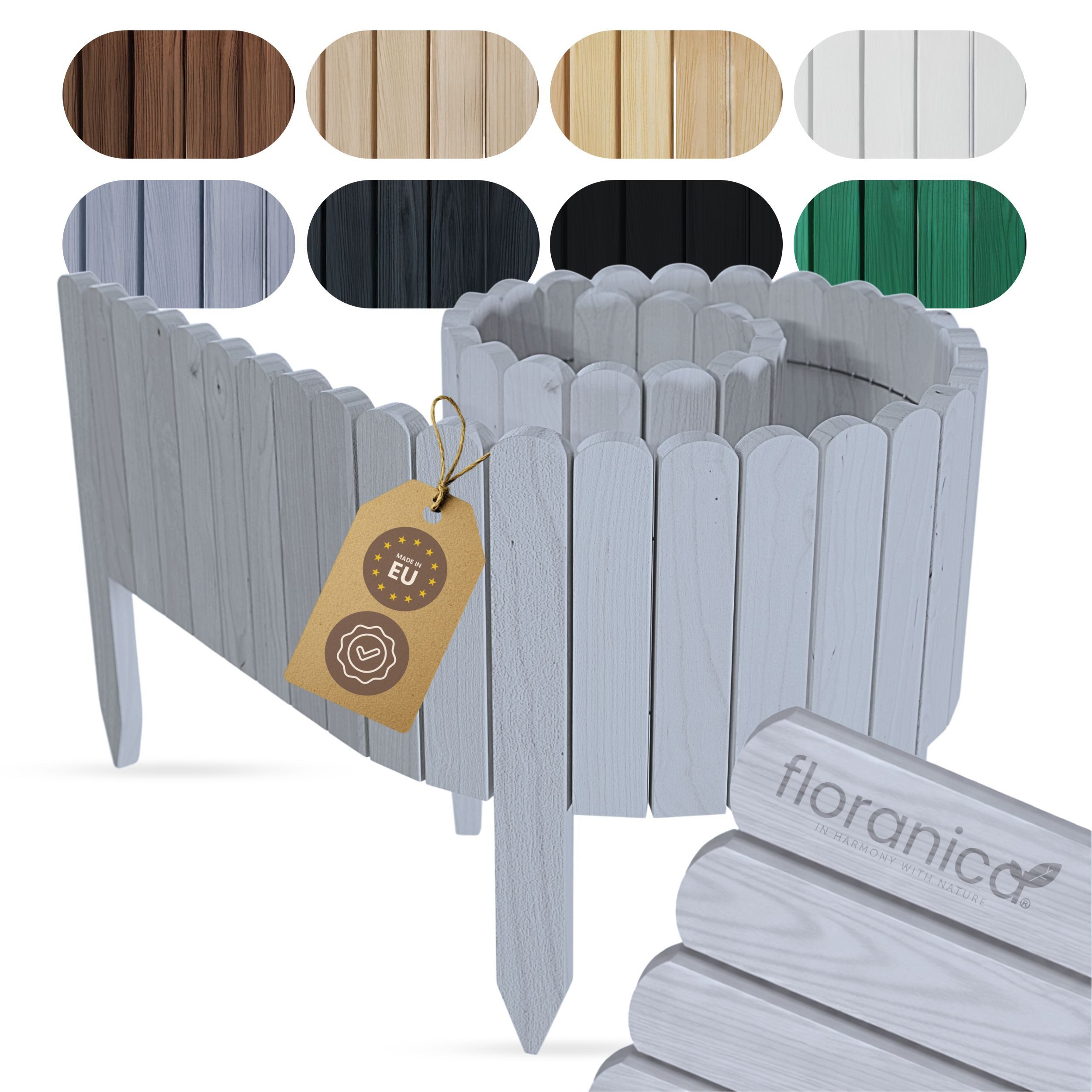 Floranica Palisade Beeteinfassung Beetumrandung Rasenkante Umrandung Flexibler Rollborder, LxH: 200x10 cm, Siber, Dekozaun Holzzaun Umzäunung Blumenbeeten Garten Beeten Kräutergarten