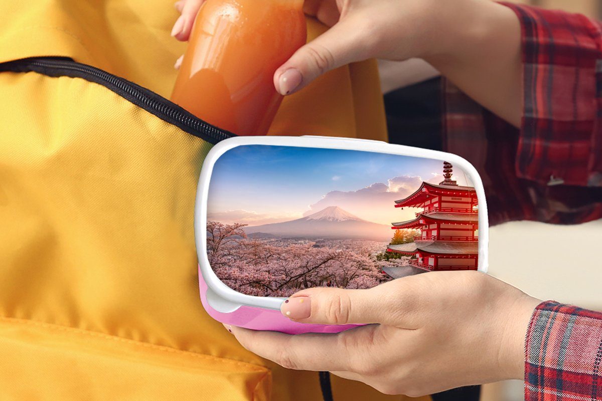 Kunststoff, - Kinder, (2-tlg), - Lunchbox - Mädchen, Brotdose Snackbox, rosa Kunststoff Japan, MuchoWow Pagode - Blütenzweige Fuji für Sakura Brotbox Erwachsene,