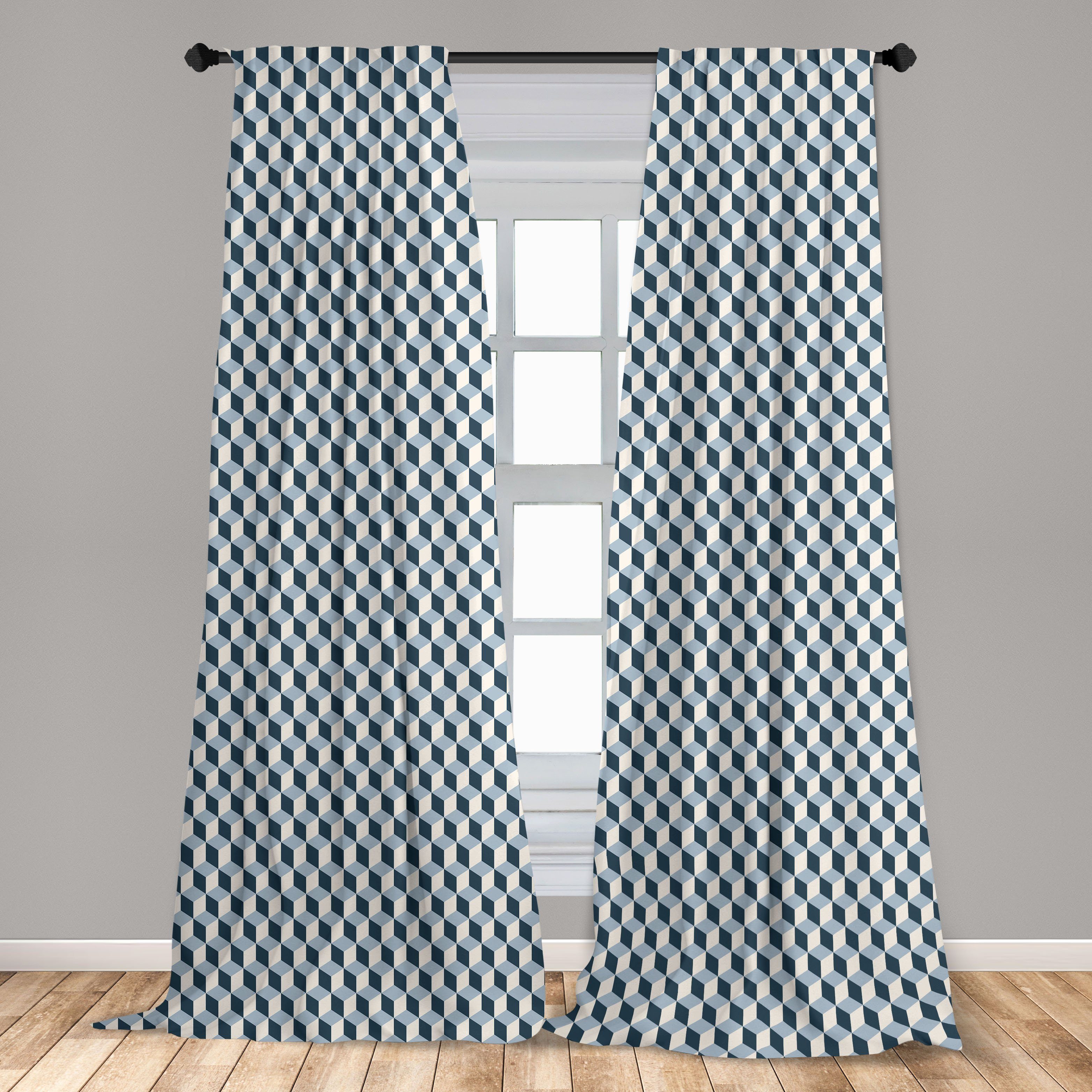Vorhang Abakuhaus, für Gardine Quadrate Dekor, Wohnzimmer Microfaser, Würfel Retro Schlafzimmer 3D Style
