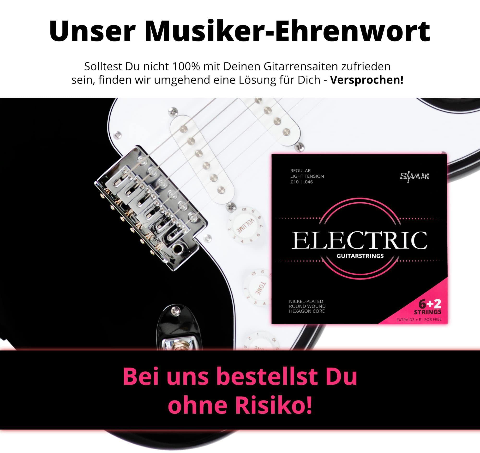 Shaman Saiten 3er-Set Electric E-Gitarren-Saiten Regular Light, (6+2 Saiten-Set, 3-tlg), Kompletter Satz plus 2 Ersatz-Saiten (E1 und D4)