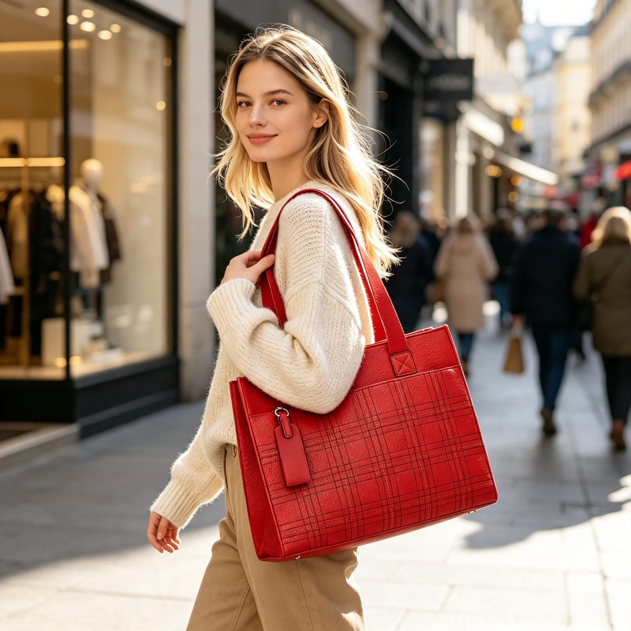 MIRROSI Shopper Damen Tasche Leder-Optik – große Schultertasche mit Karomuster, ca. 42 x 14 x 33 cm, Reißverschluss & langem Riemen