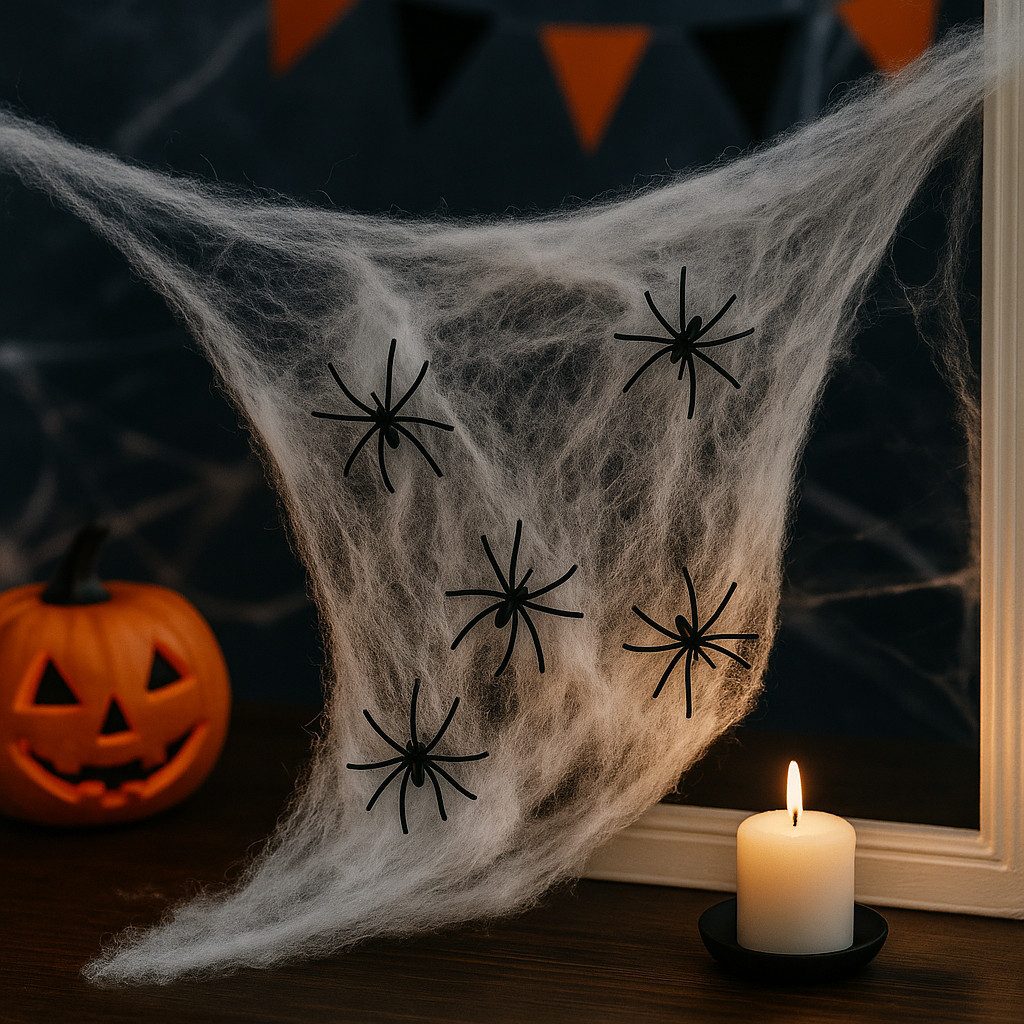 Boland Hängedekoration Spinnennetz mit 6 Spinnen Halloween Deko Party Zubehör weiß (1 St), Gruselig, flexibel, vielseitig