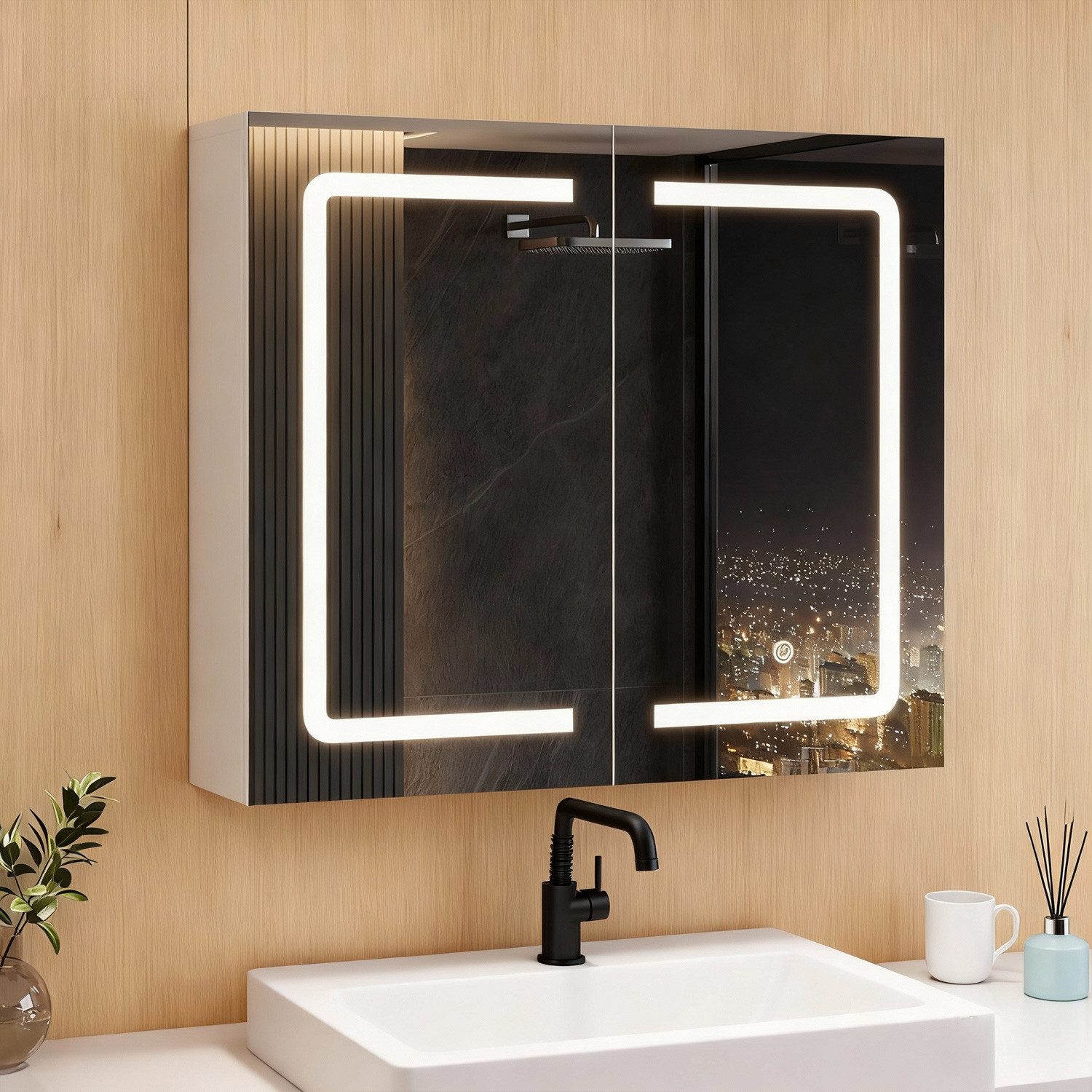 MSMASK Badezimmerspiegelschrank mit LED-Beleuchtung & Steckdose, 3 dimmbare Farbtemperaturen (1-St) Badezimmerschrank Spiegelschrank, 70x16x60cm, Weiß