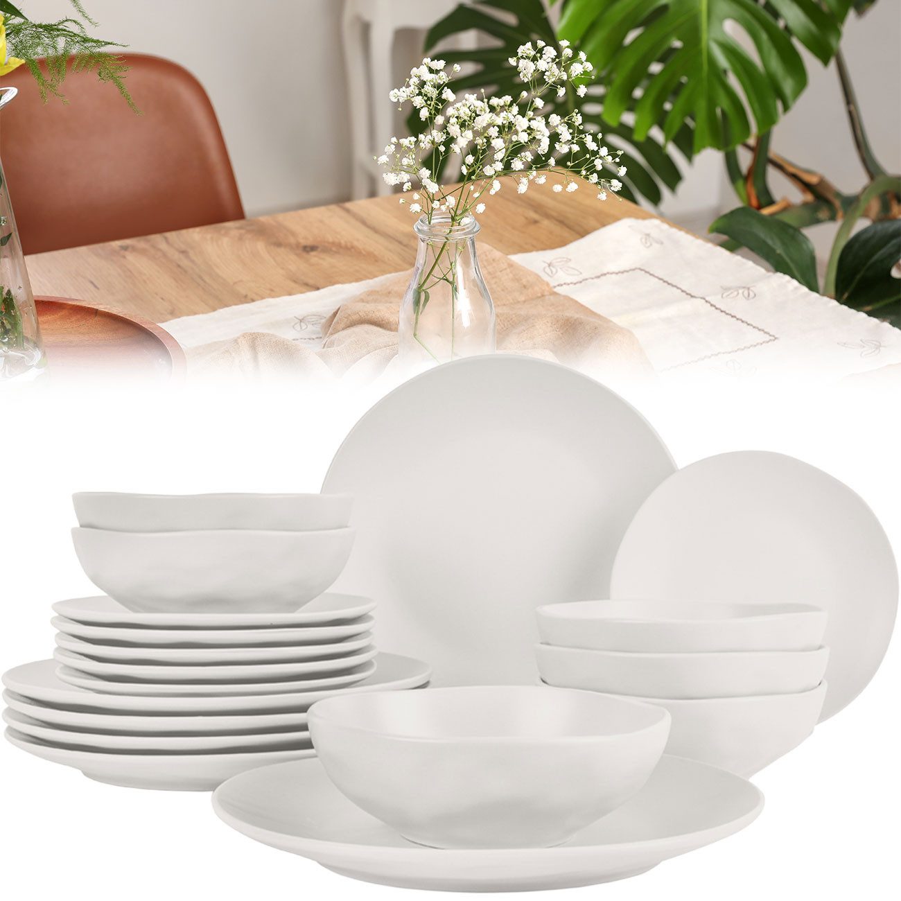 BerlingerHaus Tafelservice Geschirr-Set Steinzeug 18-tlg. Tafelservice für 6 Personen Matt-Creme, 6 Personen, Tafelservice: 6x flache Teller 6x Schüsseln 6x Dessertteller
