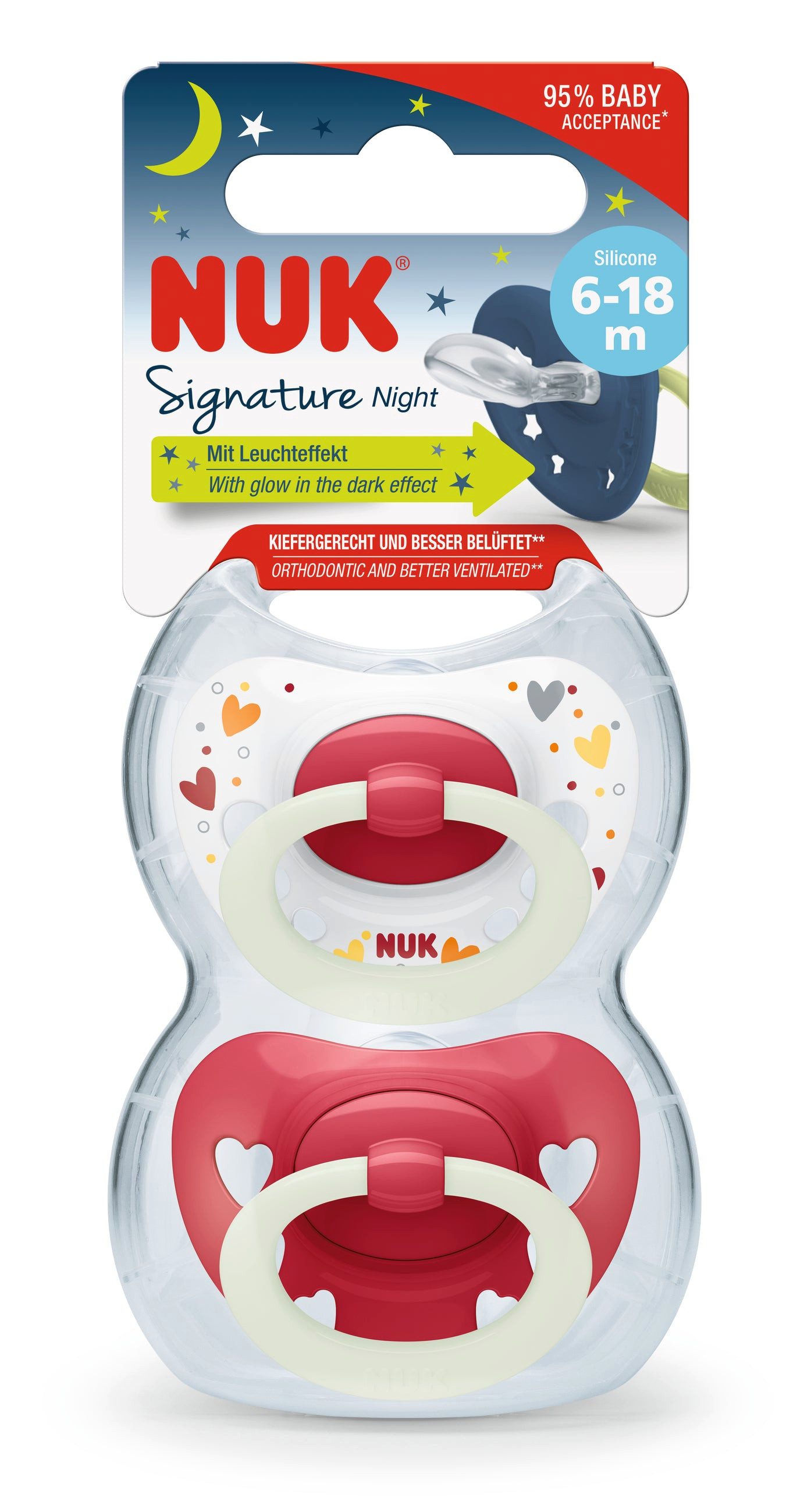 NUK Пустышки Signature Night Silikon 2er - Wir leuchten im Dunkeln, mit wiederverwendbarer Пустышкиbox
