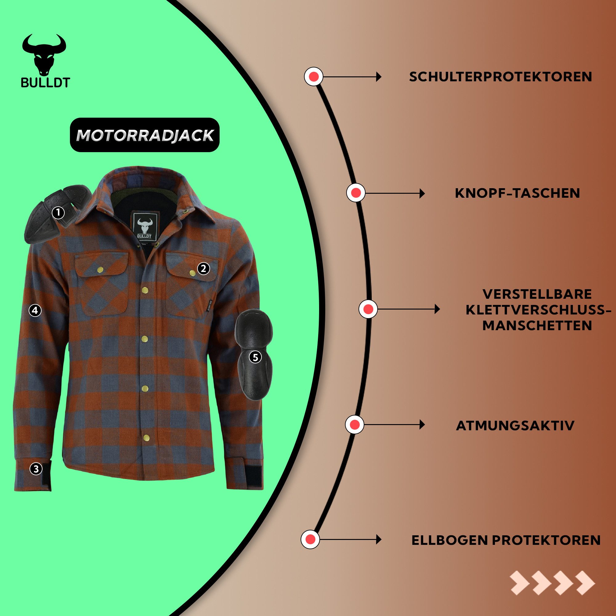 BULLDT Motorradjacke BLD1201 (mit 4 CE-Protektoren) BULLDT Herren Motorradhemd Holzfäller-Look Hemd