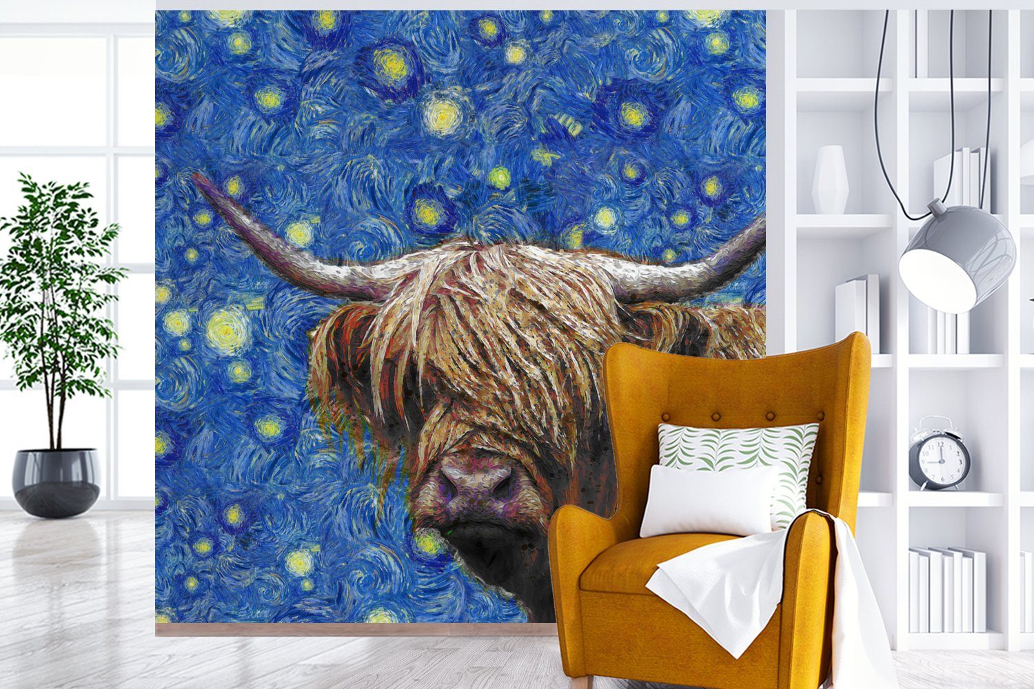 Sternennacht MuchoWow - (4 Highlander, St), Fototapete Schlafzimmer für Van Matt, Gogh Küche, Schottischer Fototapete Wohnzimmer bedruckt, Vliestapete -