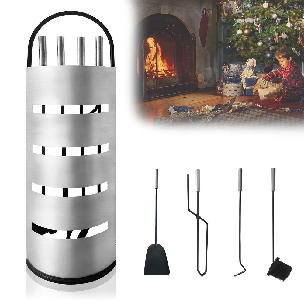 FIVMEN Kamingarnitur 5 teilig Kaminzubehör Edelstahl Kaminofen Kaminbesteck, mit Standfuß, Besen, Zange, Schürhaken, Ascheschaufel, Silber/Schwarz