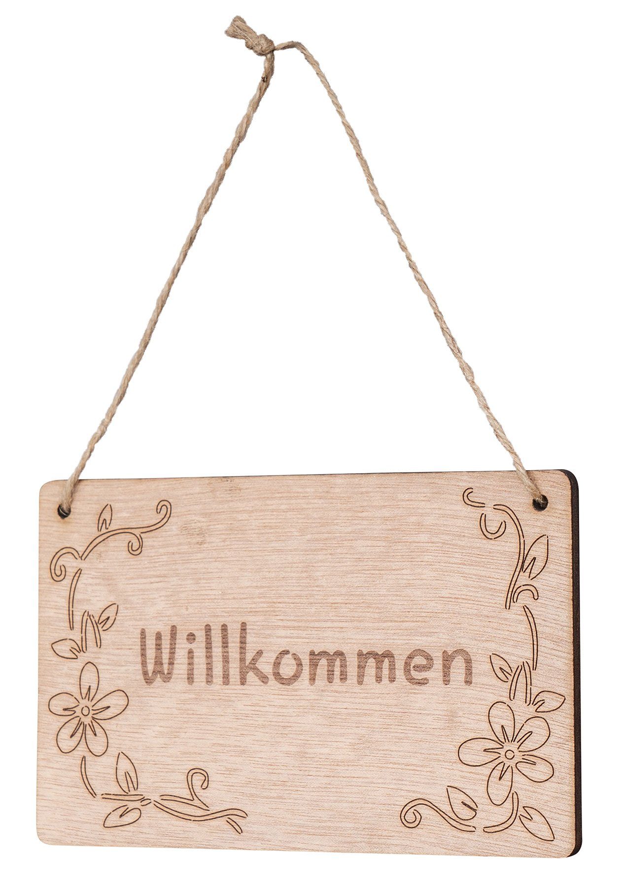 Levandeo® Dekohänger, Schild Willkommen 13x8cm Birkenholz Holzschild Blumen Deko Holz Natur | Dekohänger