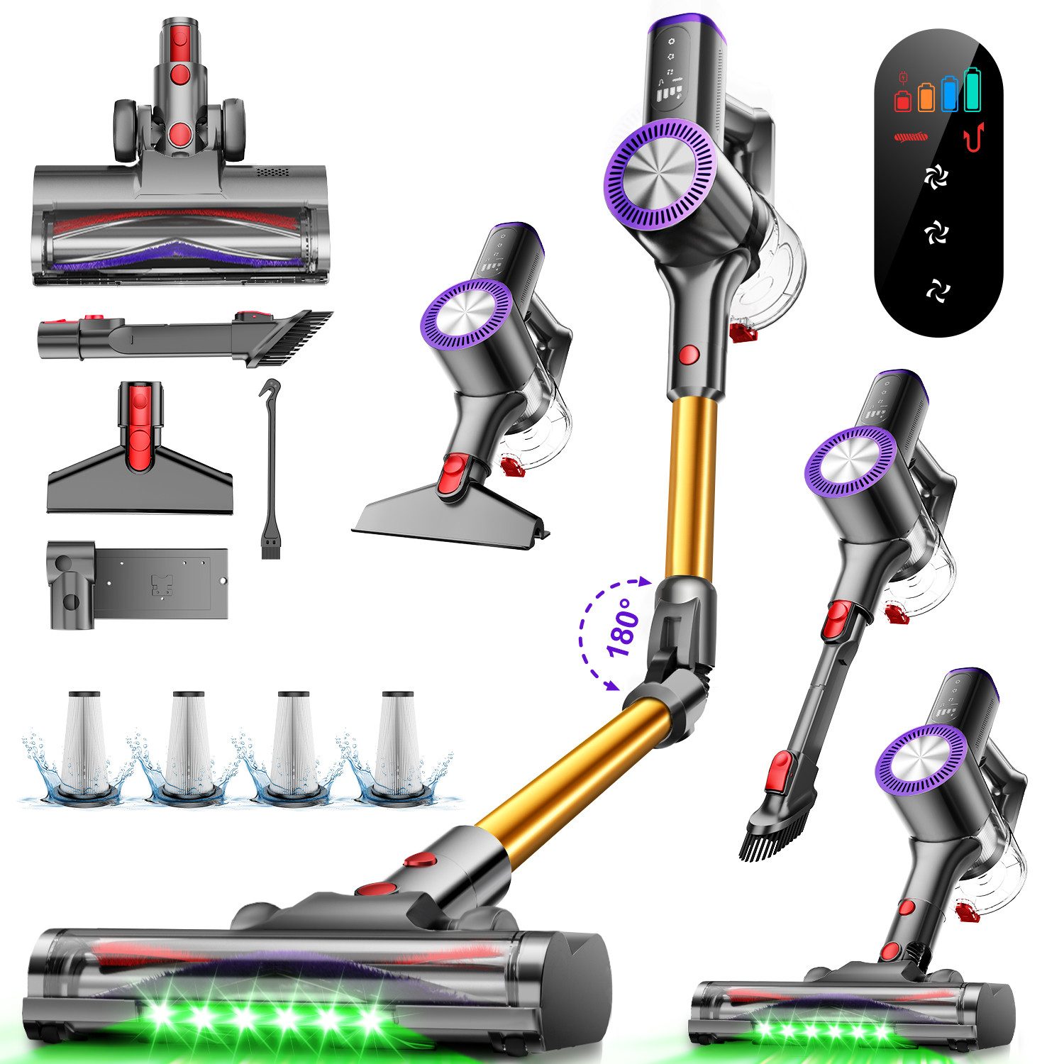 Hiazurm Akku-Hand-und Stielstaubsauger 75000Pa Akku Staubsauger,70Min Staubsauger Kabellos, 180° Flexibles Biegegelenk,OLED Display Staubsauger für Tierhaare,Teppich und Hartboden, GreenEye-Technologie Akkustaubsauger, Selbststehendes Design