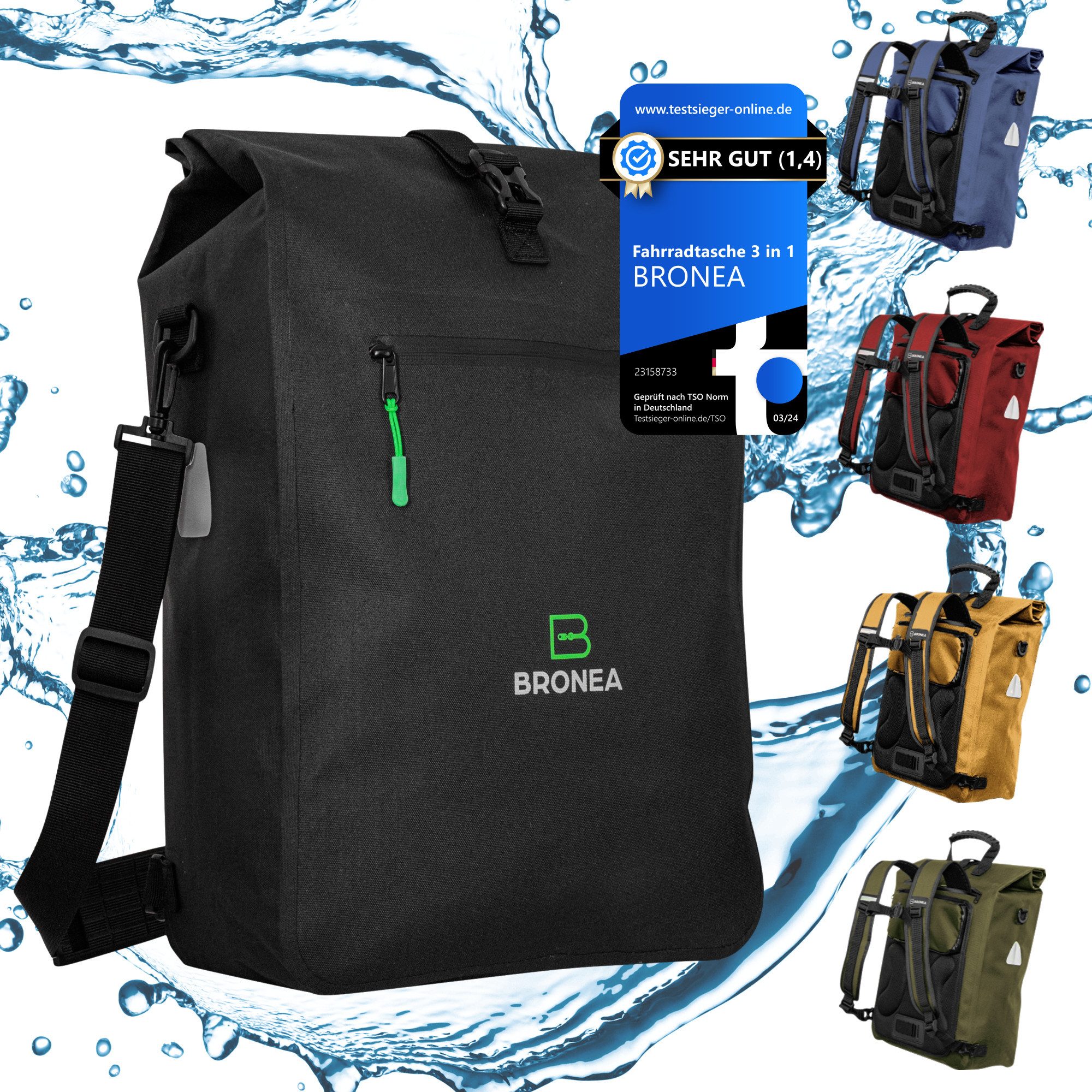 Bronea Fahrradtasche 3in1 Wasserdicht - 28L - SCHWARZ - Kombi Rucksack & Umhängetasche (Schnellmontage an Gepäckträger, Integrierte Laptoptasche), PVC-frei - Reflektierende Elemente - Gepolsterte Rückwand