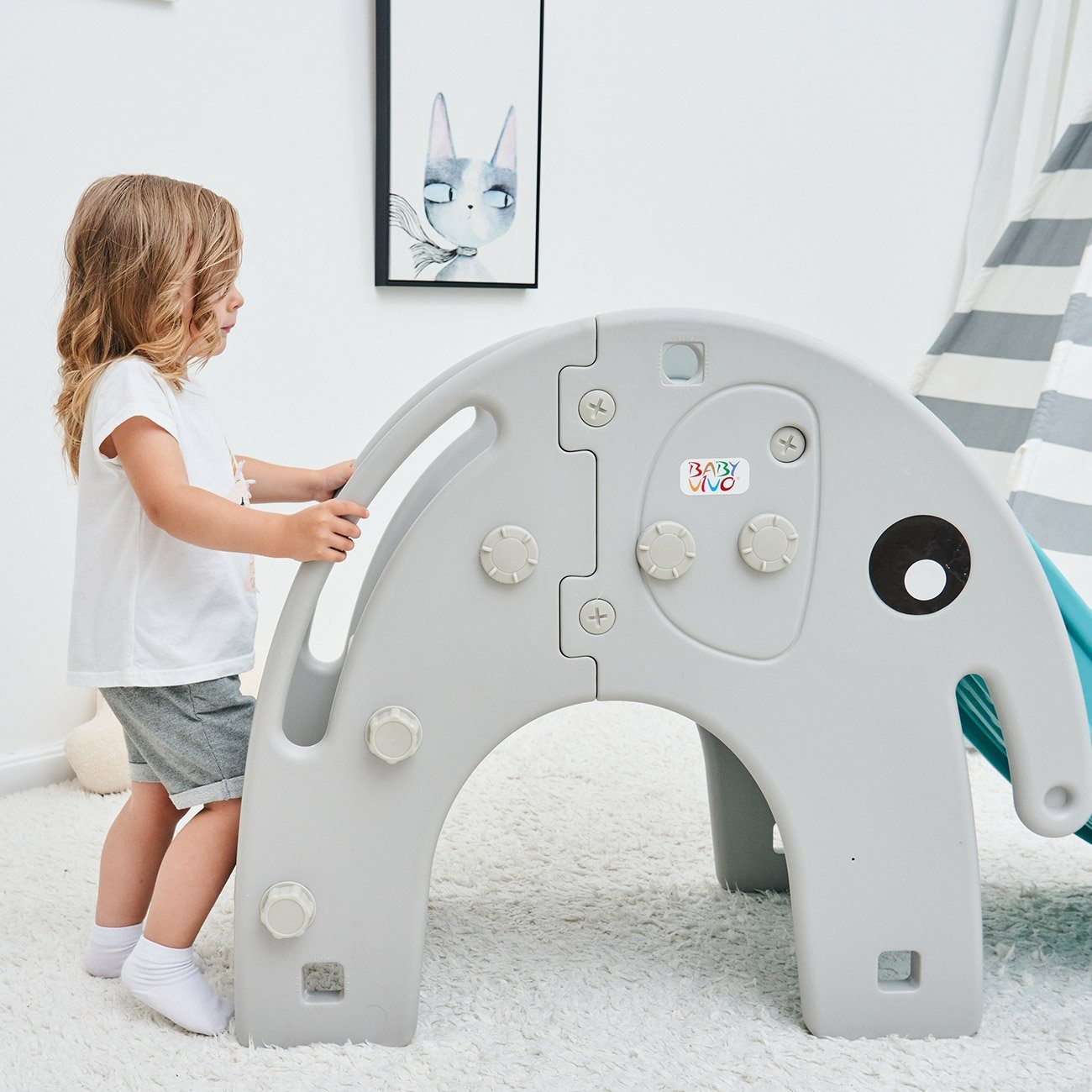 Vivo Indoor-Rutsche in Baby Grau / Rutsche - Kinderrutsche / Elefant Türkis