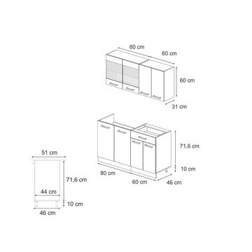 Livinity® Küchenzeile R-Line, Schwarz Beton/Weiß, 140 cm AP Eiche