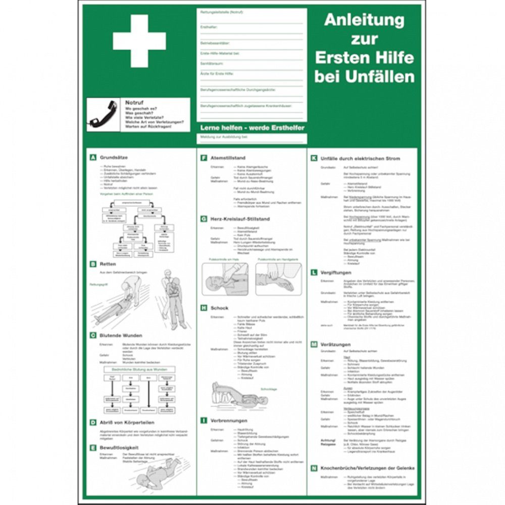 König Werbeanlagen Hinweisschild Aushang, Anleitung zur Ersten Hilfe bei Unfällen, versch. Sprachen