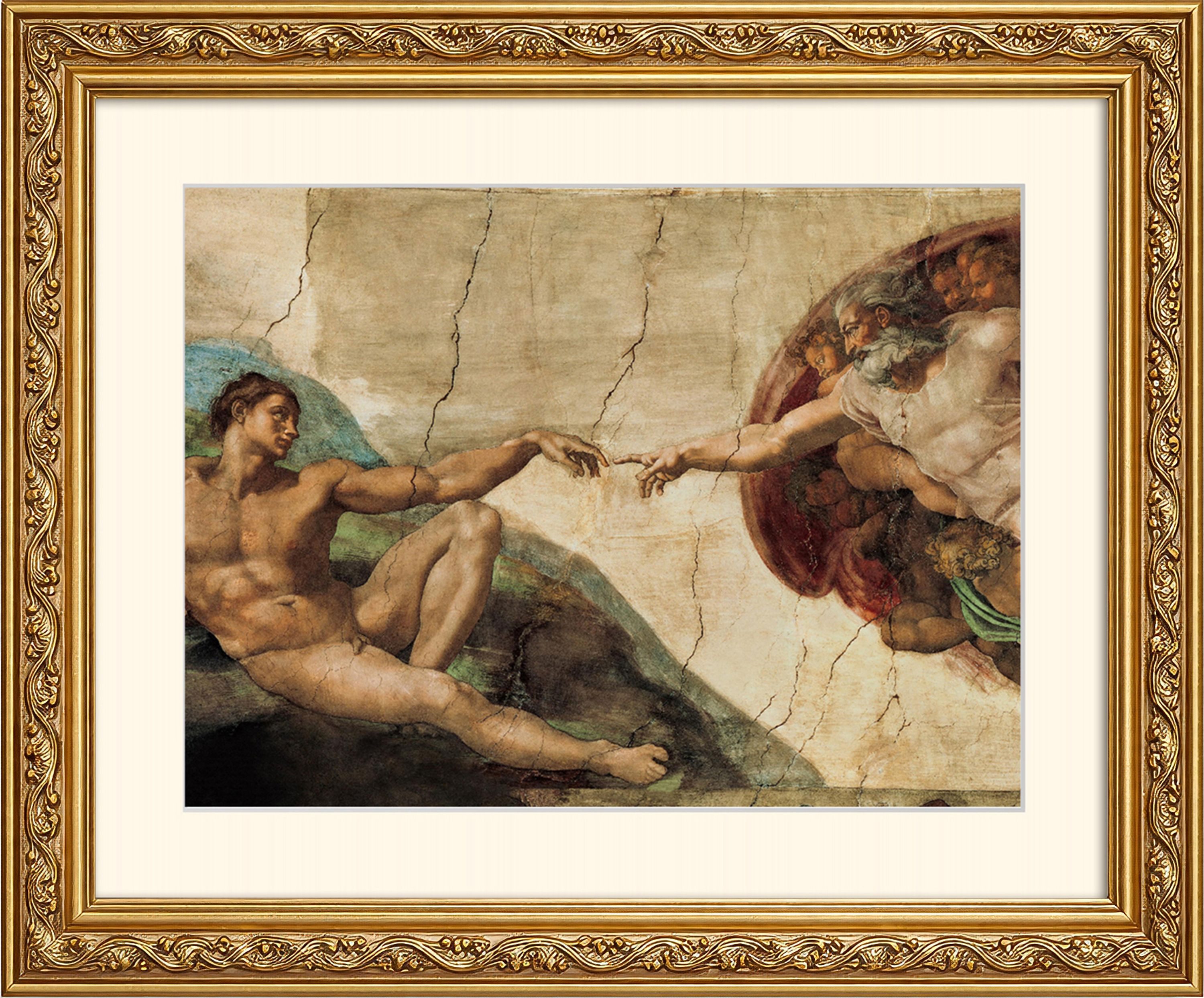 artissimo Bild mit Rahmen Wandbild gerahmt 53x63 cm Kunstdruck mit Passepartout & Barock-Rahmen, Michelangelo: La Creatione die Adamo / Hände