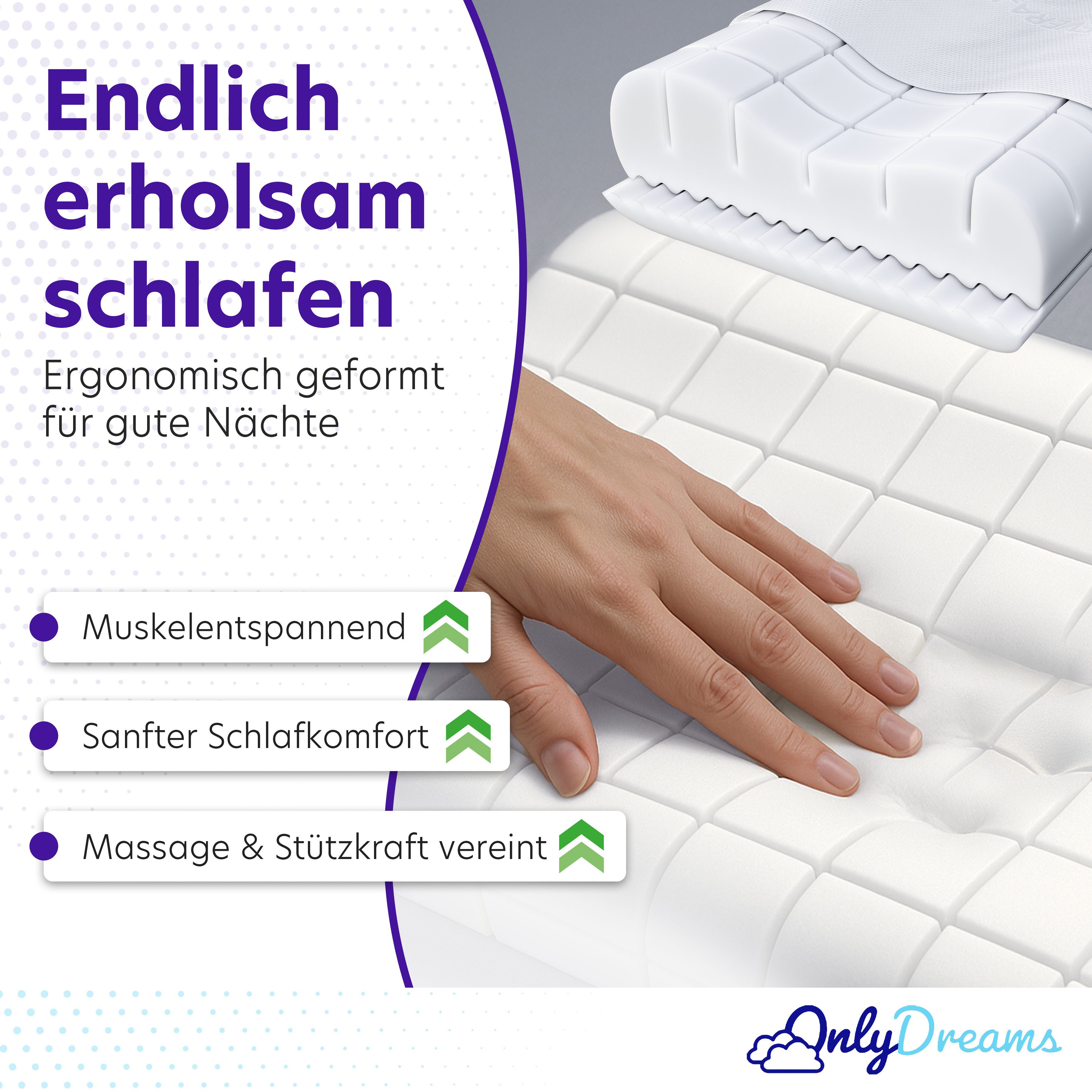 Träumegut24 Anti-Schnarch Kissen OnlyDreams - Ergonomisches Nackenstützkissen, Aloe Vera Bezug, Ergonomisch, Hypoallergen, Bezug waschbar und atmungsaktiv
