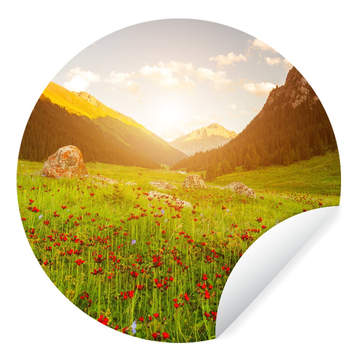 MuchoWow Wandsticker Blumen - Berg (1 Wohnzimmer Tapetenaufkleber, für Tapetenkreis Rund, - Kinderzimmer, St), Sonne