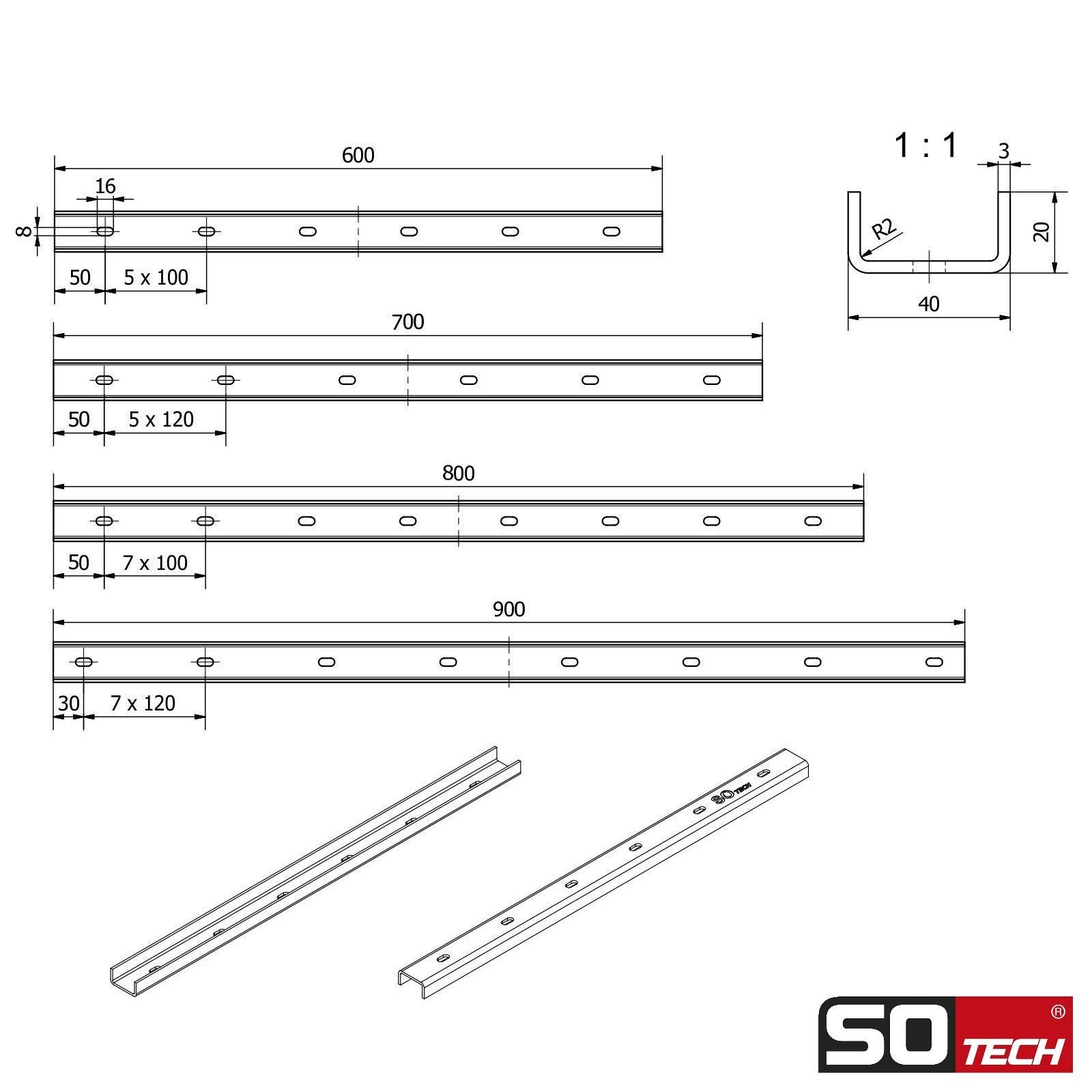 SO-TECH® Möbelleiste Stahl Gratleisten verschiedene Längen 60 - 90 cm Oberflächen, (3-St), 3 Stück U-Form Stahl schwarz 60 x 4 x 2 cm – Bild 5 von 5