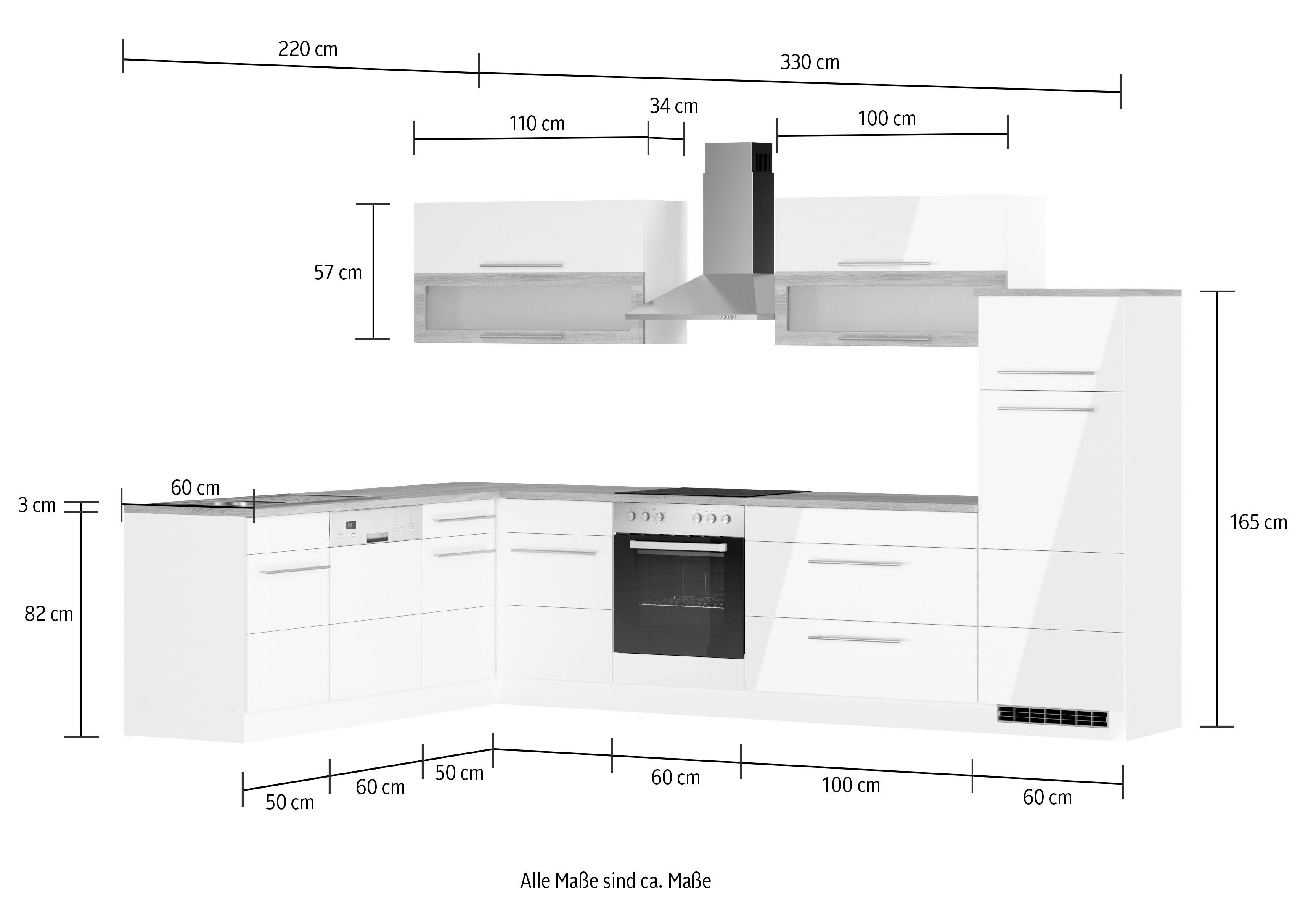 KOCHSTATION Winkelküche KS-Wien, Stellbreite 220 x 330 cm, wahlweise mit E-Geräten