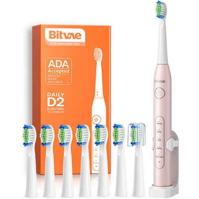 Bitvae Elektrische Zahnbürste D2, Aufsteckbürsten: 8 St., 5 Modi, Ultraschall-Elektrozahnbürste mit Timer, Halter