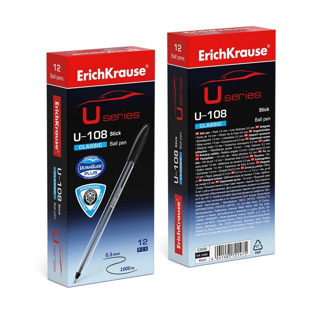 Erich Krause Kugelschreiber, Kugelschreiber U-108 Classic 0,3mm 12er Pack Schwarz