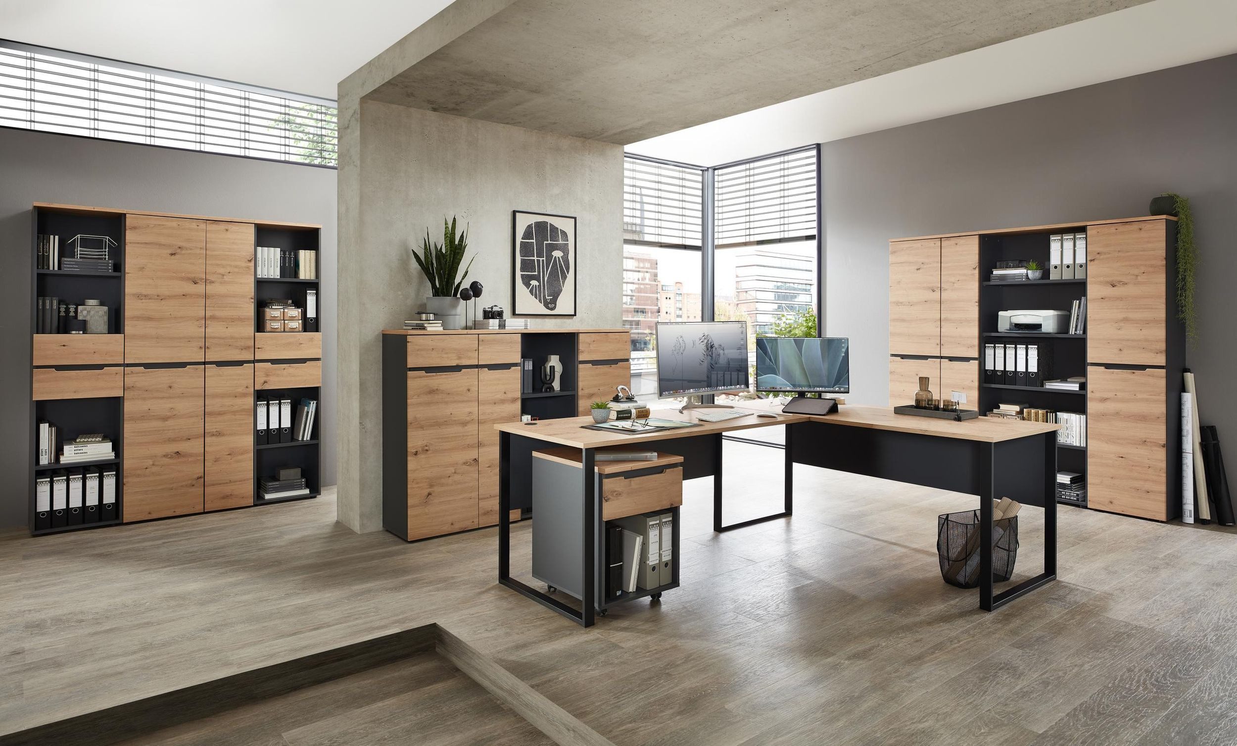 Innostyle Büromöbel-Set Komplettbüro MEMPHIS III 11-teilig Front Artisan Eiche Korpus Graphit, (Komplett-Set, 11-tlg., 5x Schrank, 4x Regal, 1x Schreibtisch, 1x Rollcontainer)
