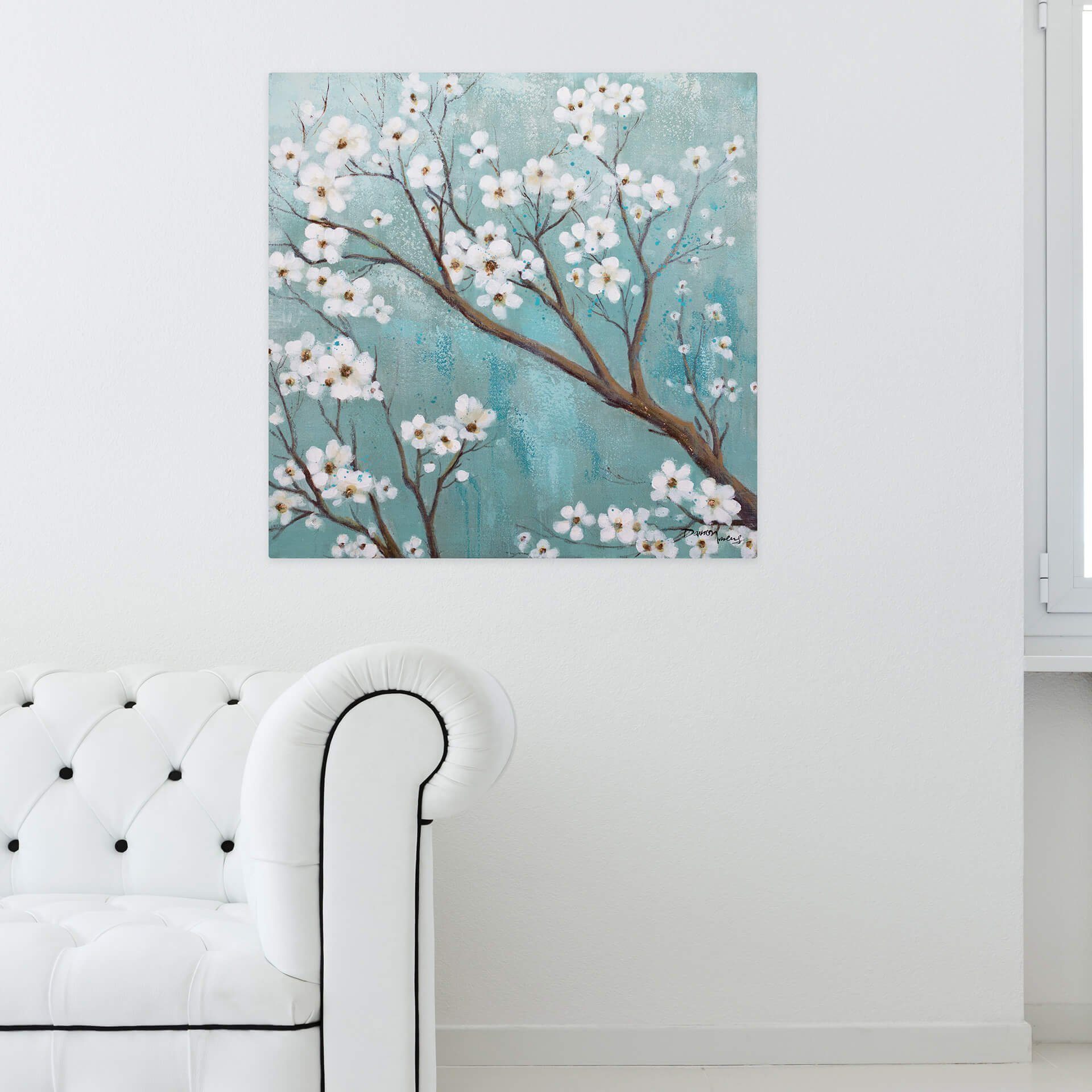 100% HANDGEMALT 80x80 Gemälde KUNSTLOFT Wandbild cm, Weiße Wohnzimmer Blütenkrone Leinwandbild