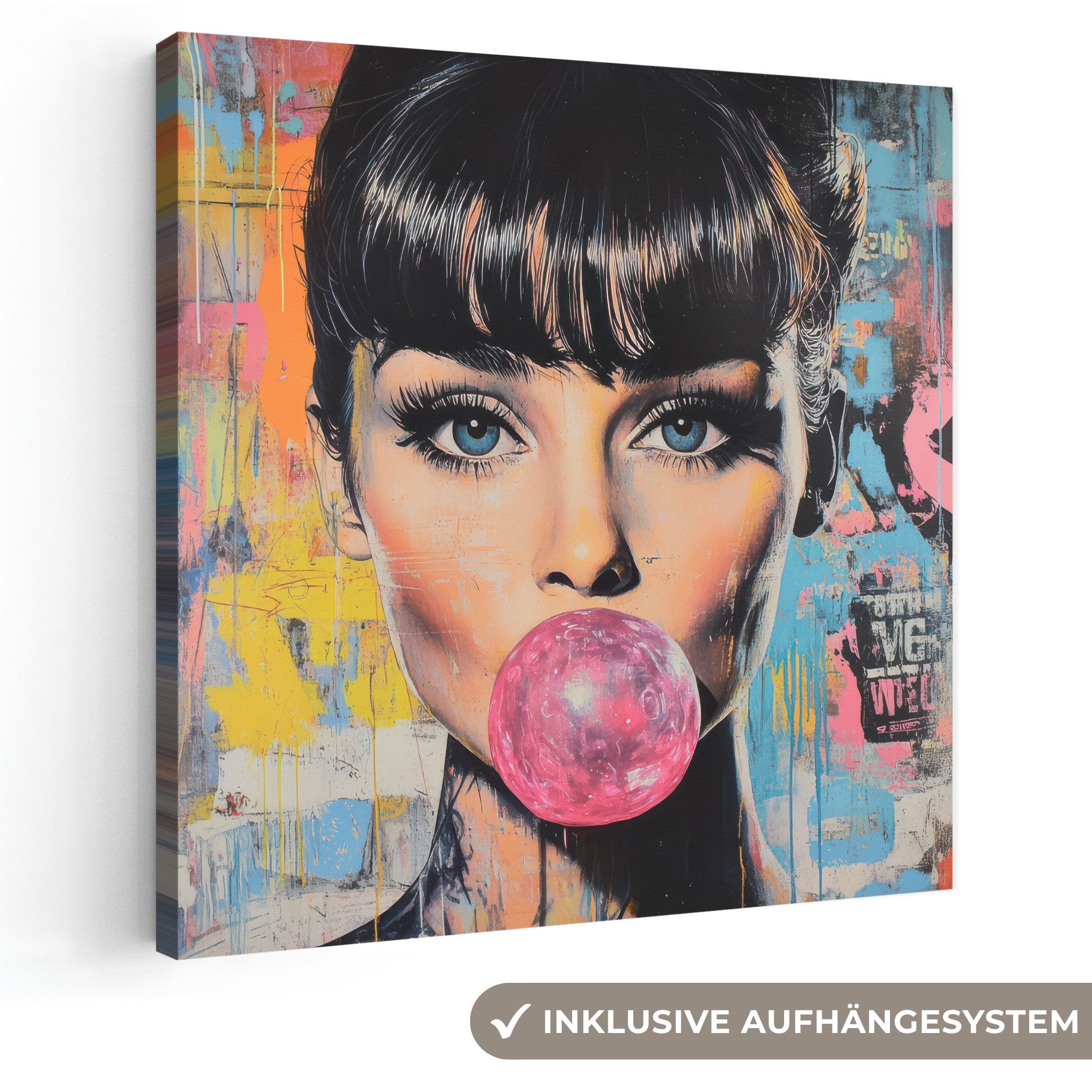 OneMillionCanvasses® Leinwandbild Kaugummi - Frau - Pinselstriche - Modern, Fotodruck (1 St), Wandbild, Deko Schlafzimmer Wohnzimmer Flur 20x20 cm