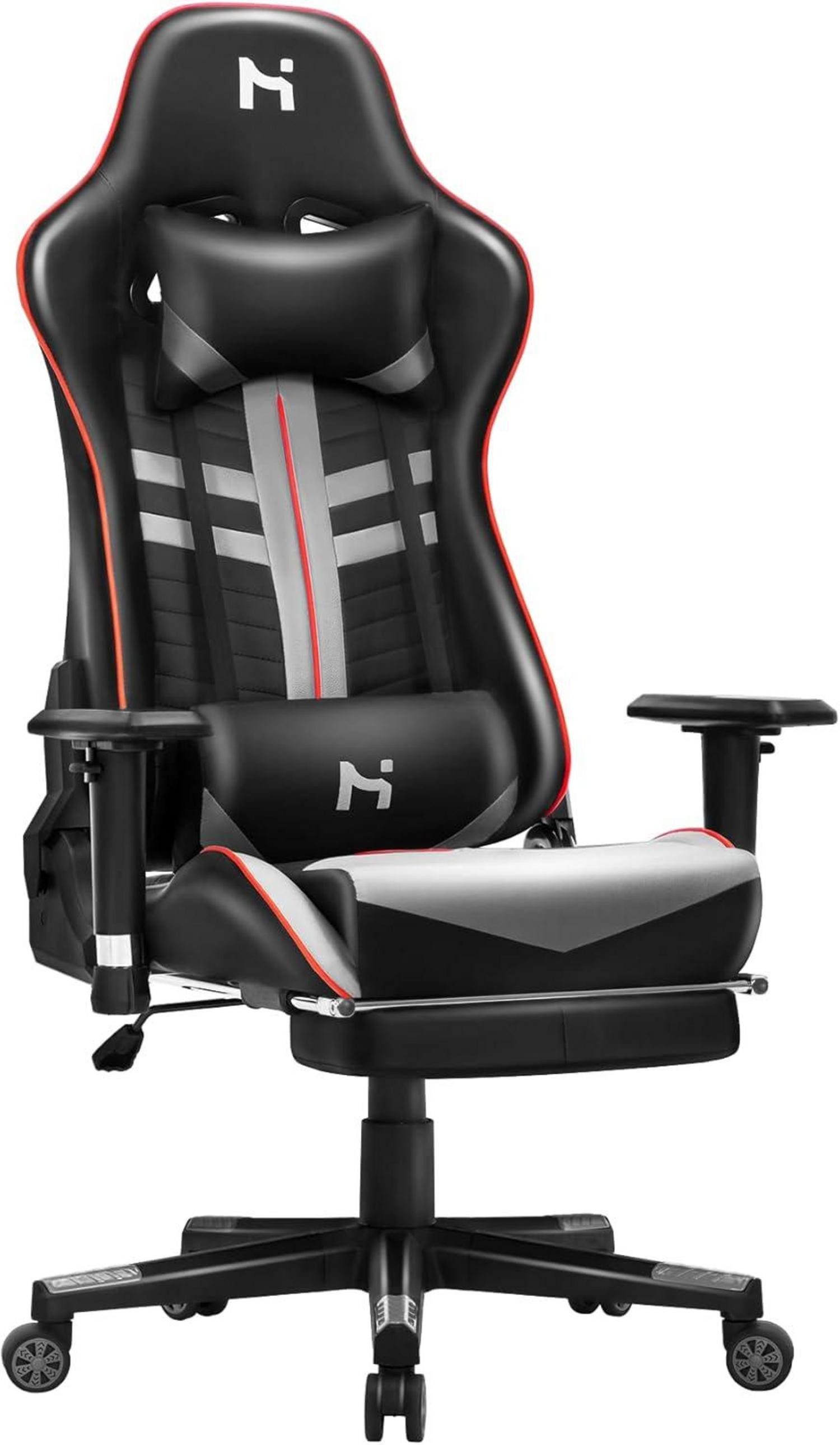 Gaming-Stuhl Gaming Stuhl mit Kopfstütze und Lendenkissen, PC Stuhl Schwarz-Grau