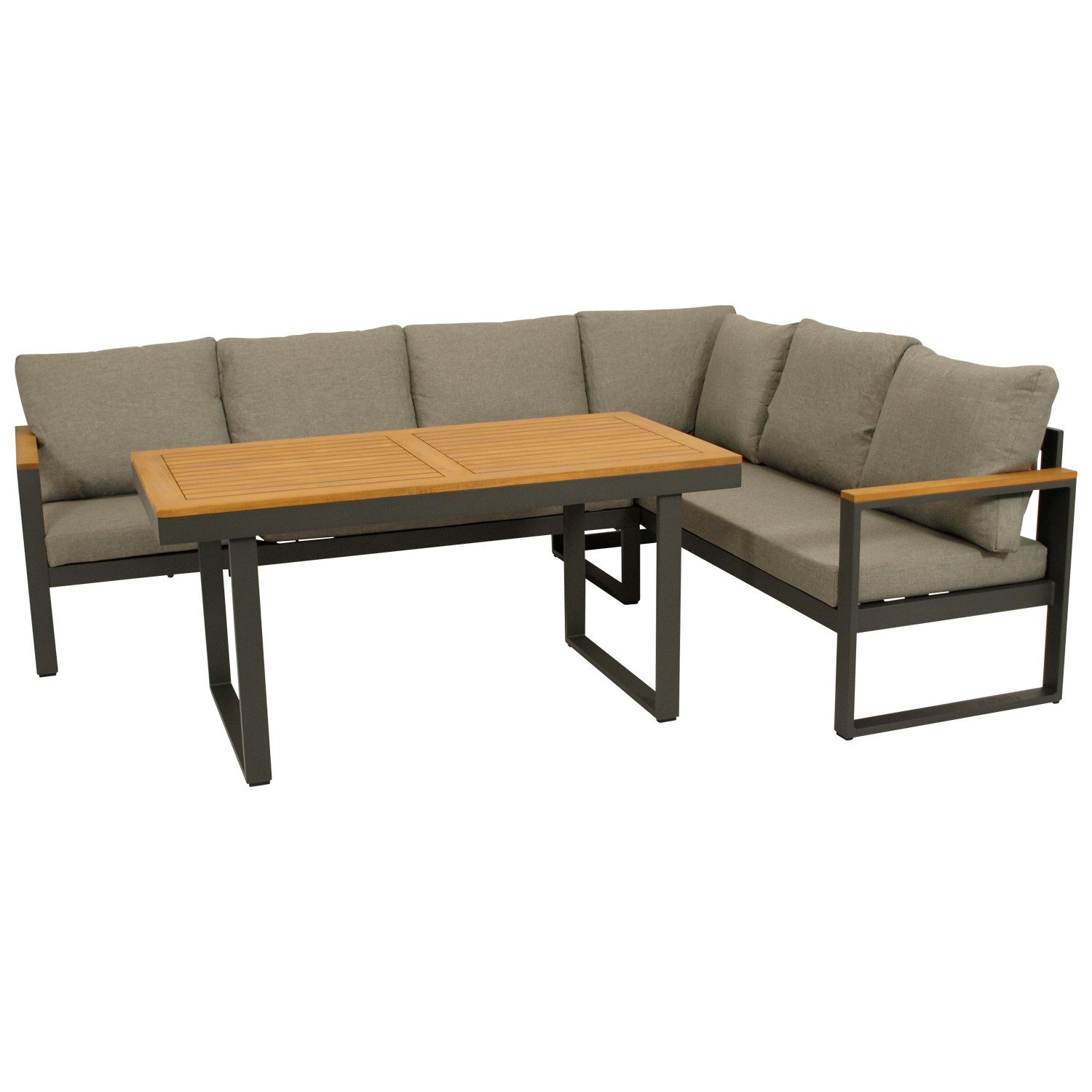 TPFGarden Garten-Essgruppe CRAWLEY, (Eck-Diningset - Eck-Loungeset - Aluminium pulverbeschichtet anthrazit, 3-tlg., Tischplatte Akazie geölt - Bezüge: 100% Polyester), (3-sitzer Bank 187x65x71cm, 3er Lounge 187x65x71cm, Tisch 140x70cm)