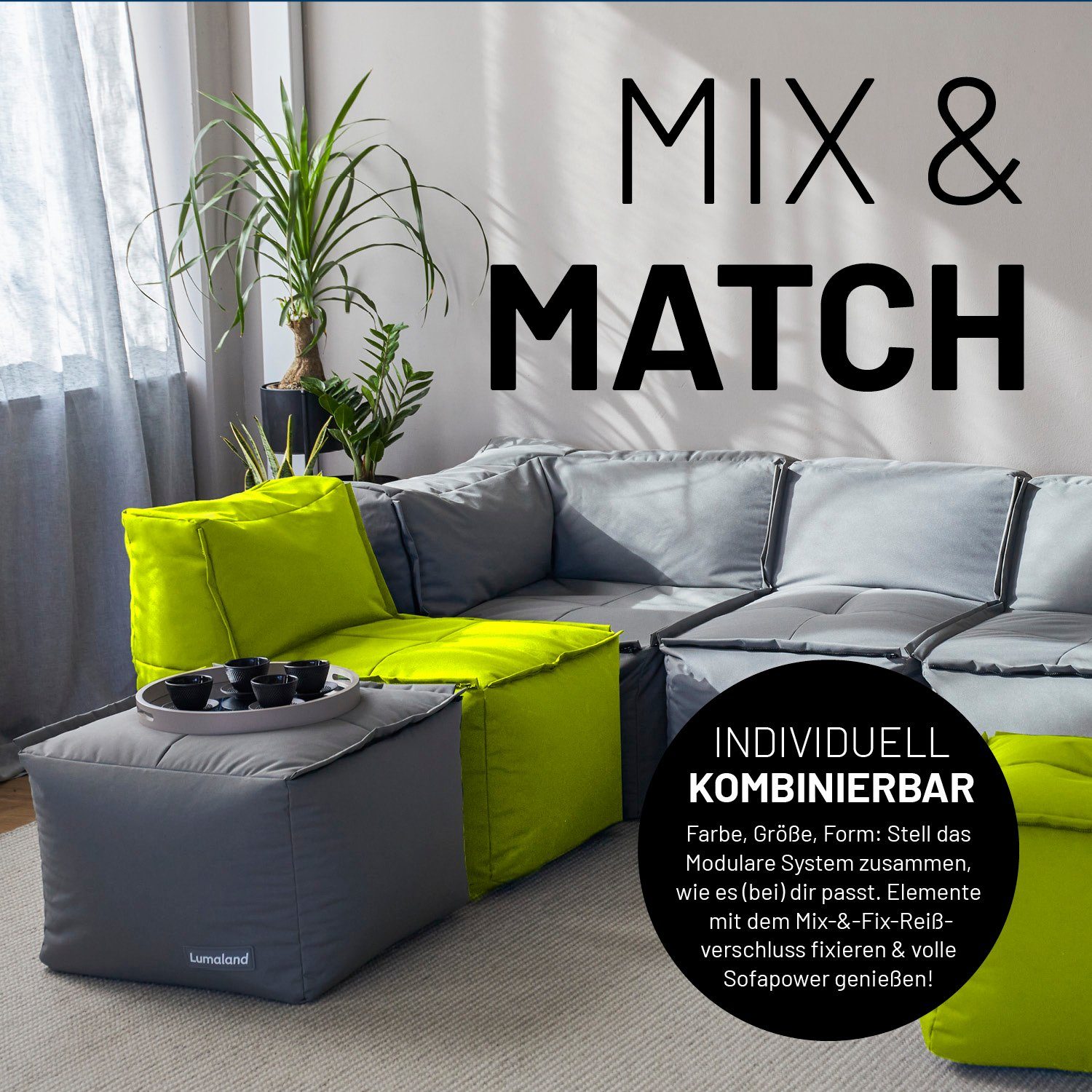 Lumaland Loungeset In- apfelgrün outdoor dem Modularen Sofa wasserfest waschbar & erweiterbar System, kombinierbar Sessel Bezug abnehmbarer mit individuell