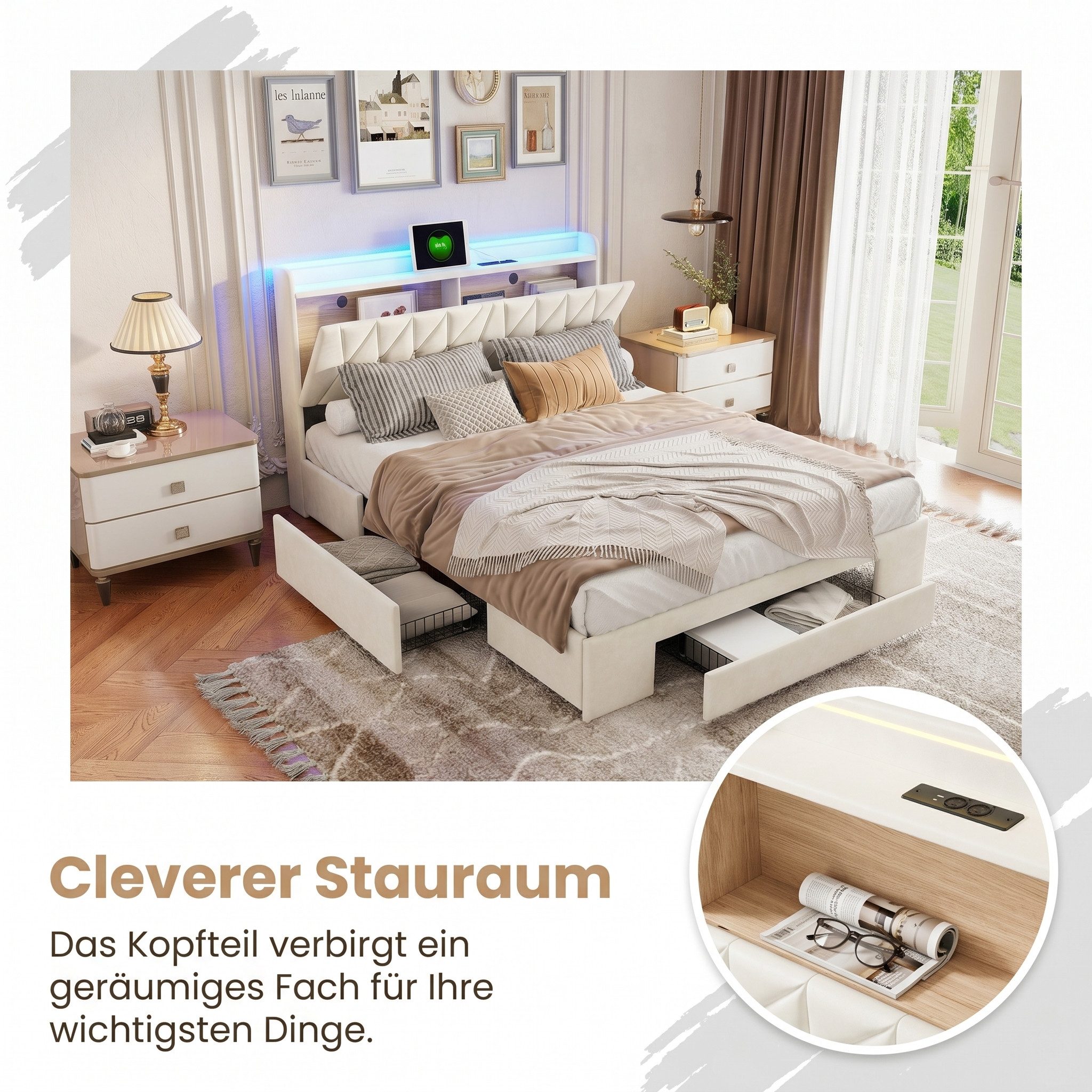 ADWOLT Polsterbett Doppelbett Stauraumbett mit Schubladen und Ladefunktion (Set, 1-tlg., 140x200cm Stauraumbett), mit USB/Type-C Anschlüssen und 3 Schubladen, m – Bild 5 von 5