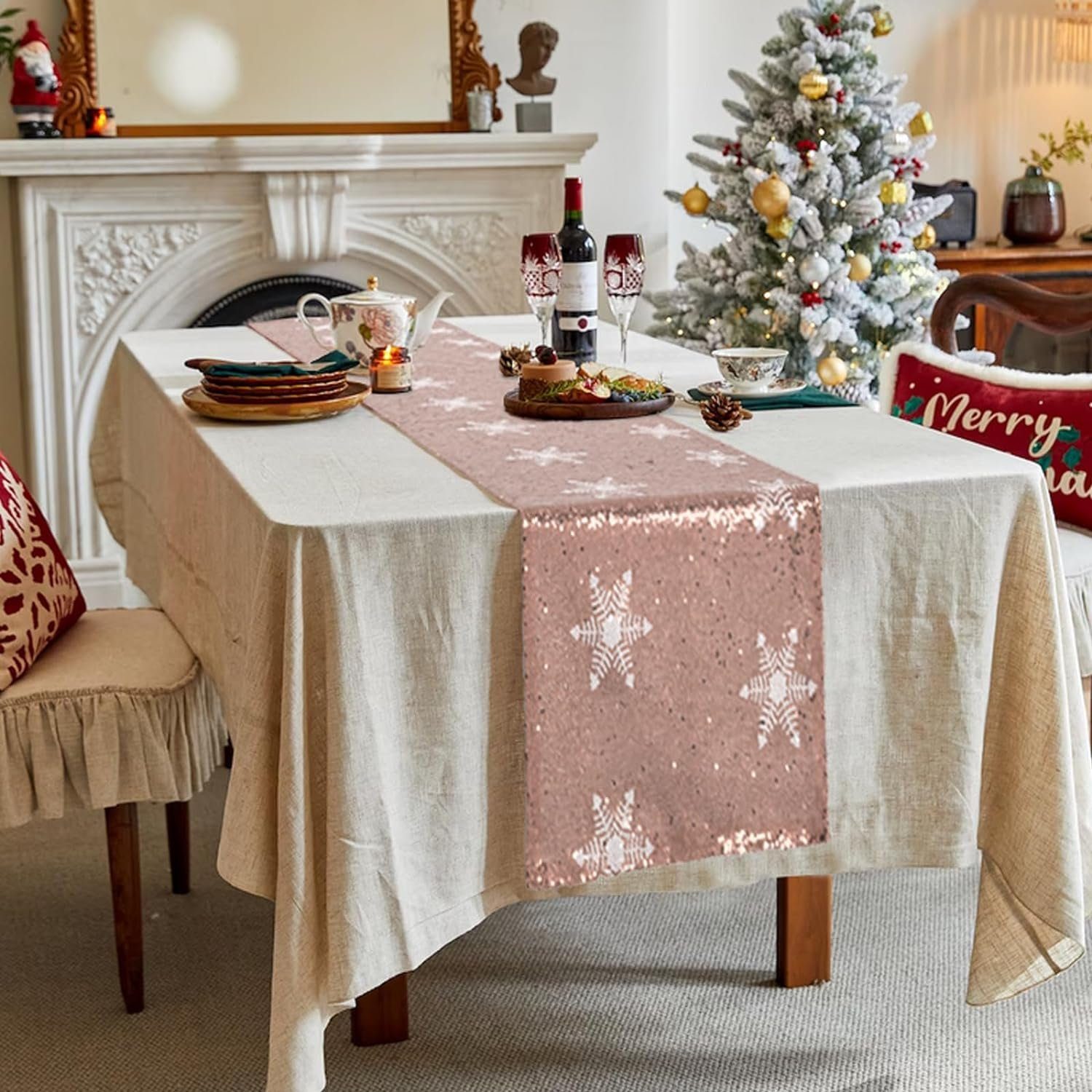 weihnachtlichem Tischläufer Pailletten Tischläufer Schneeflocken-Muster FELIXLEO 30*275cm