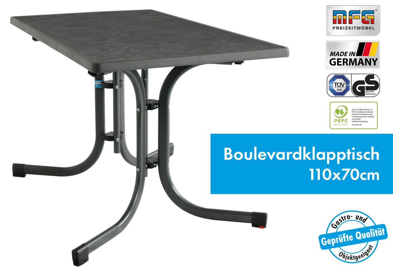 MFG Freizeitmöbel Gartentisch MFG Gartentisch wetterfest Stahl Boulevard 110 x, Klappbar witterungsbeständig