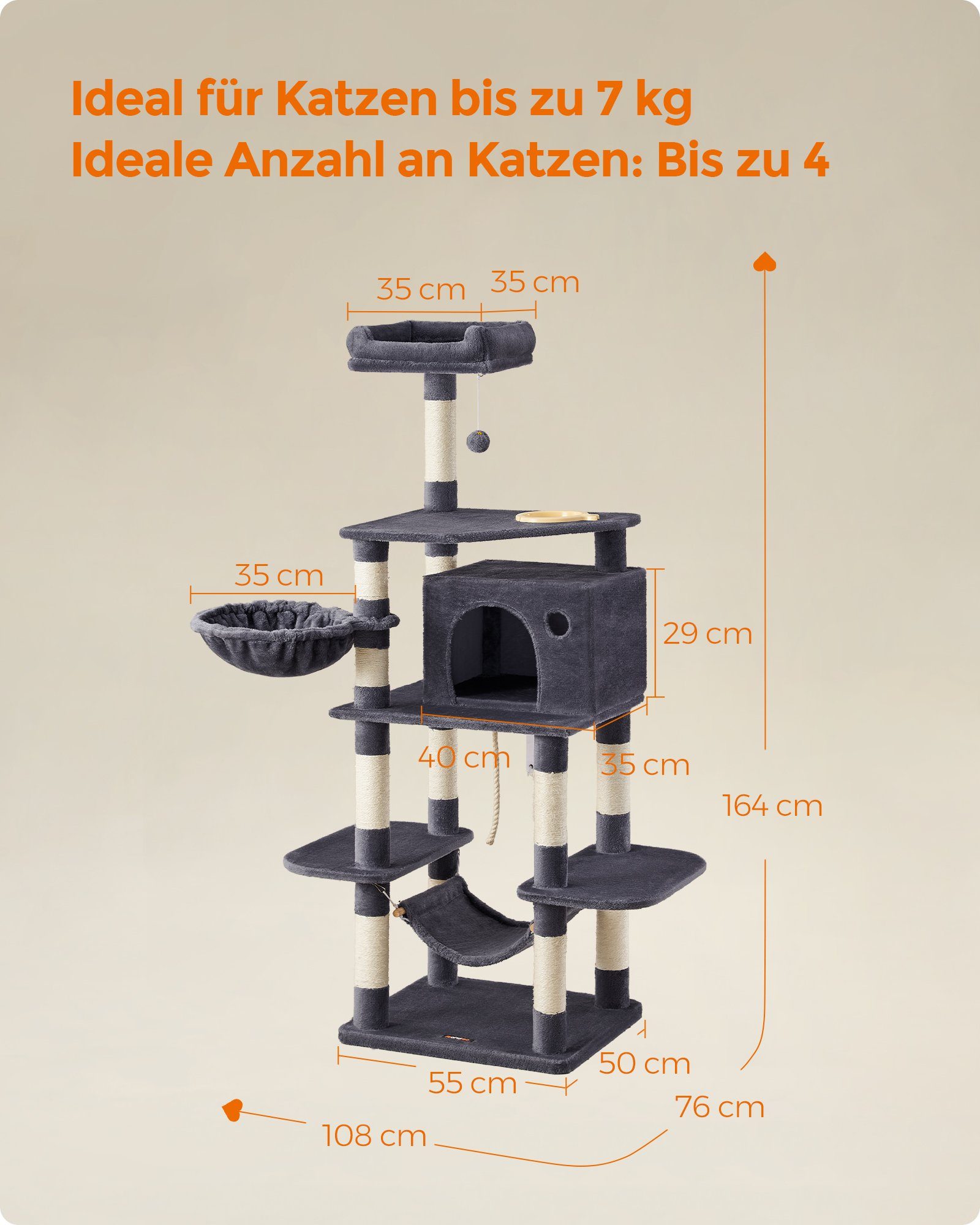 FEANDREA Kratzbaum, mit hundesicherem Katzennapf, stabil, 164 cm, Kippschutz