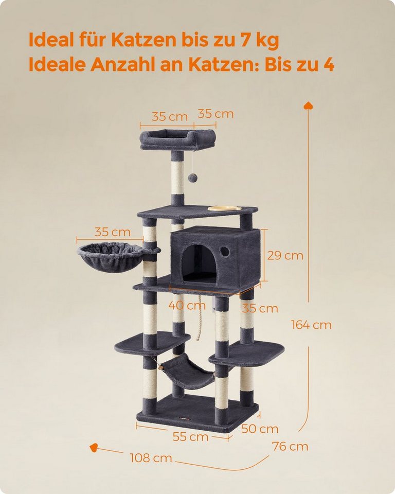 Thumbnail - FEANDREA Kratzbaum, mit hundesicherem Katzennapf, stabil, 164 cm, Kippschutz