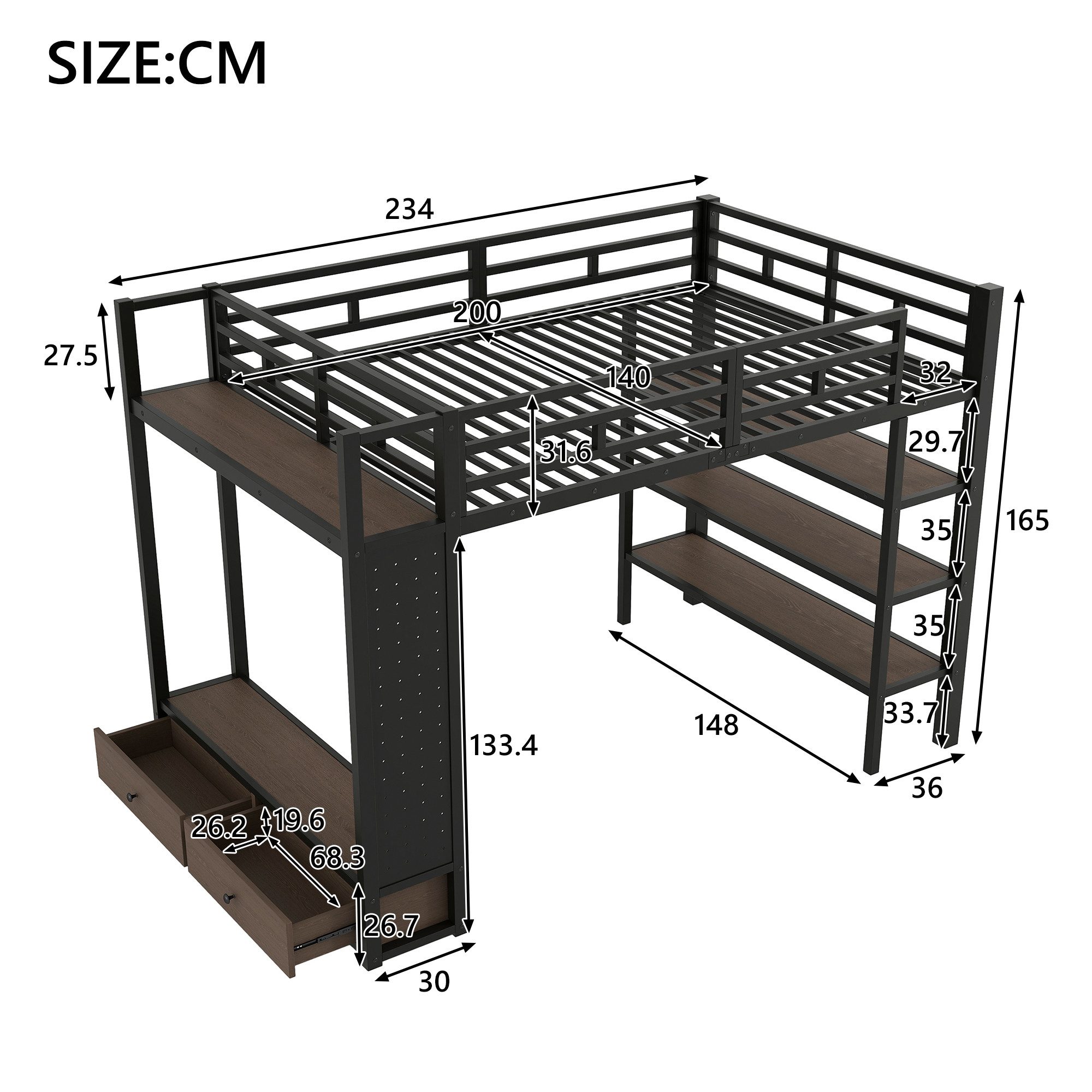 Merax Hochbett 140x200cm mit LED-Beleuchtung (Jugendbett Metallbett Loftbett, 1-St) Kinderbett mit offenem Kleiderschrank,Ablagefächern,Lochwand,Stauraum – Bild 5 von 5