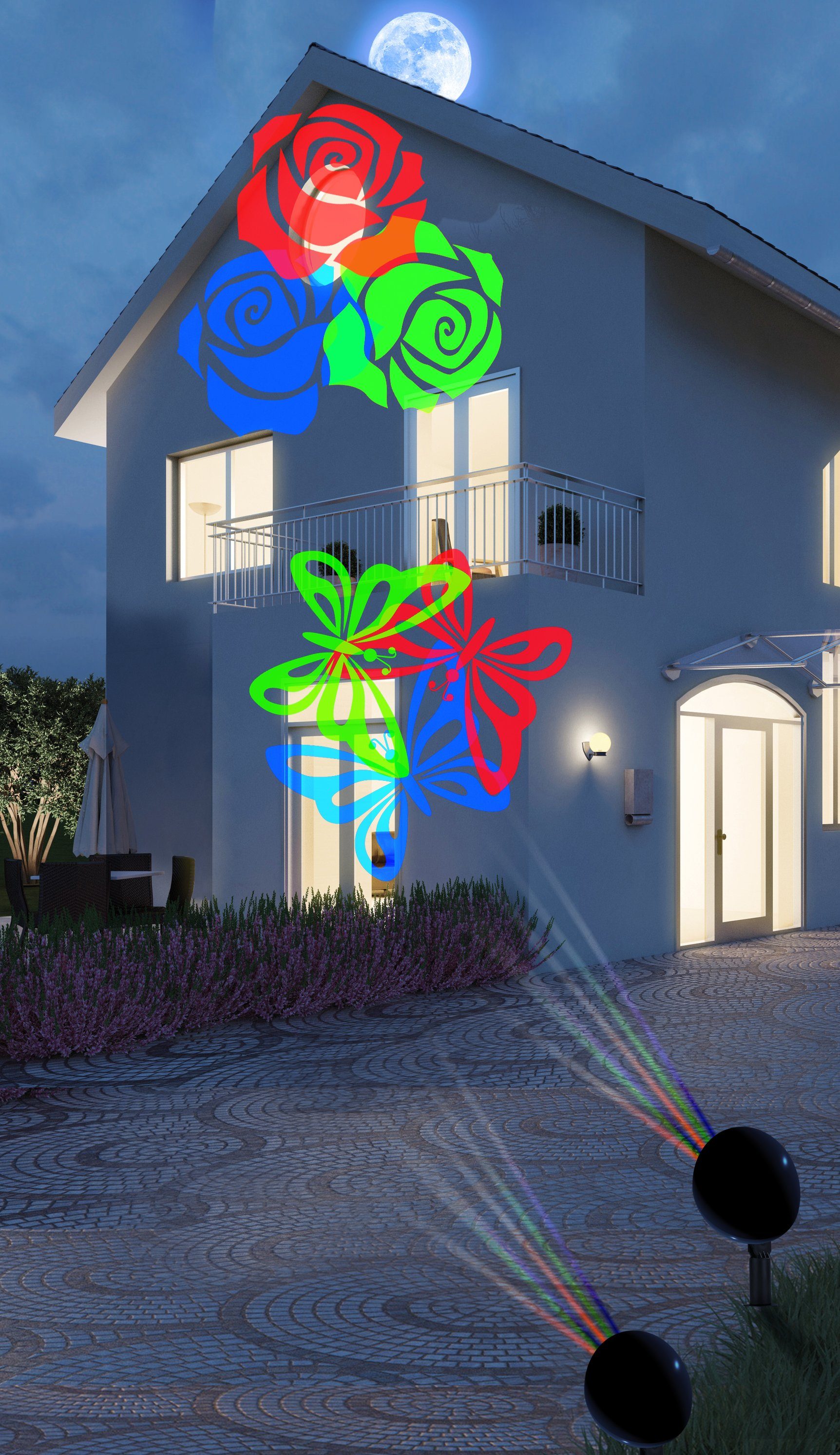 dynamic24 LED Motivstrahler, LED fest integriert, 2er Set Motiv LED Strahler  Laser Projektor Beleuchtung Garten Lampe Blumen bunt